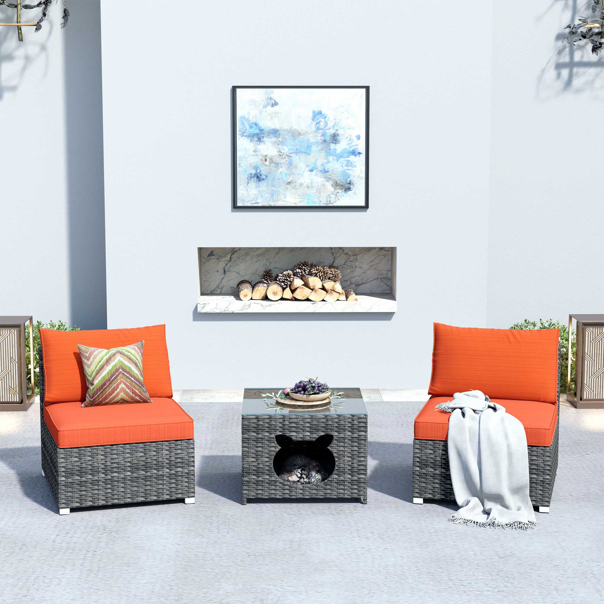 Ovios Outdoor Sectional Furniture 3-Piece with Two Armless Chair and Pet Table