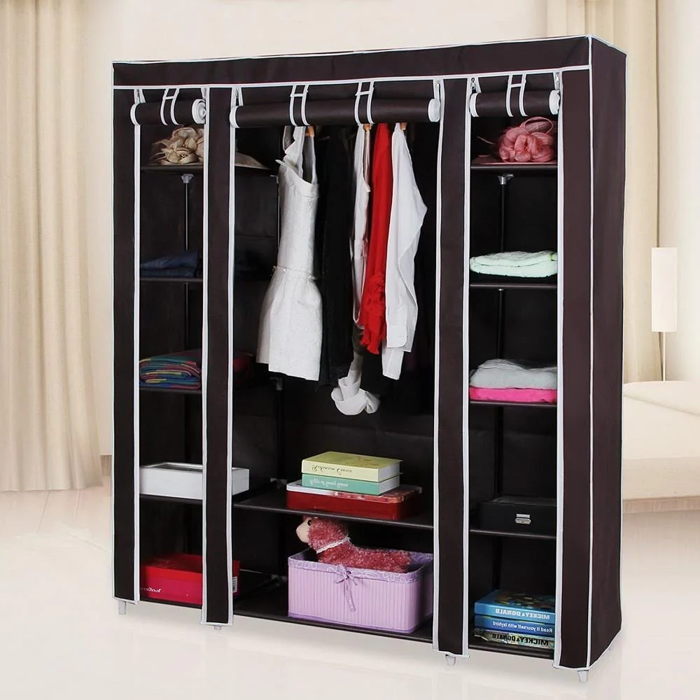 Portable Clothes Closet Non-Woven Fabric Wardrobe Double Rod Storage Organizer