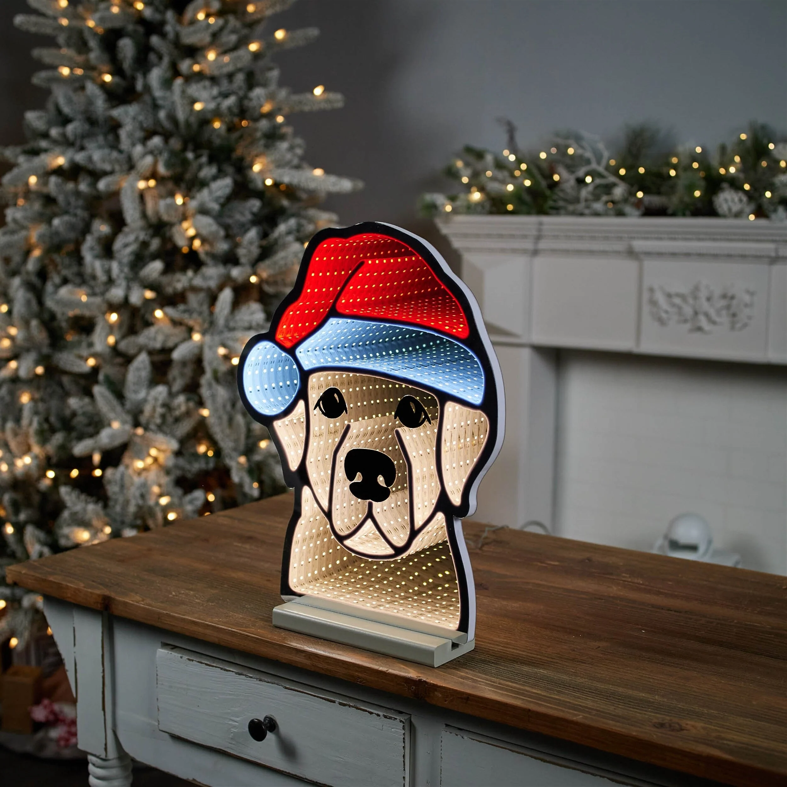 Acrylic Holiday Dog with Santa Hat Infinity Lights, 12.5 inches Festive Decor - 12.5” x 2.75” x 16.5” (L x W x H)