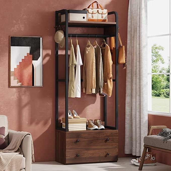 Freestanding Closet Organizer Small Clothes Rack Coat Rack with Drawers and Shelves