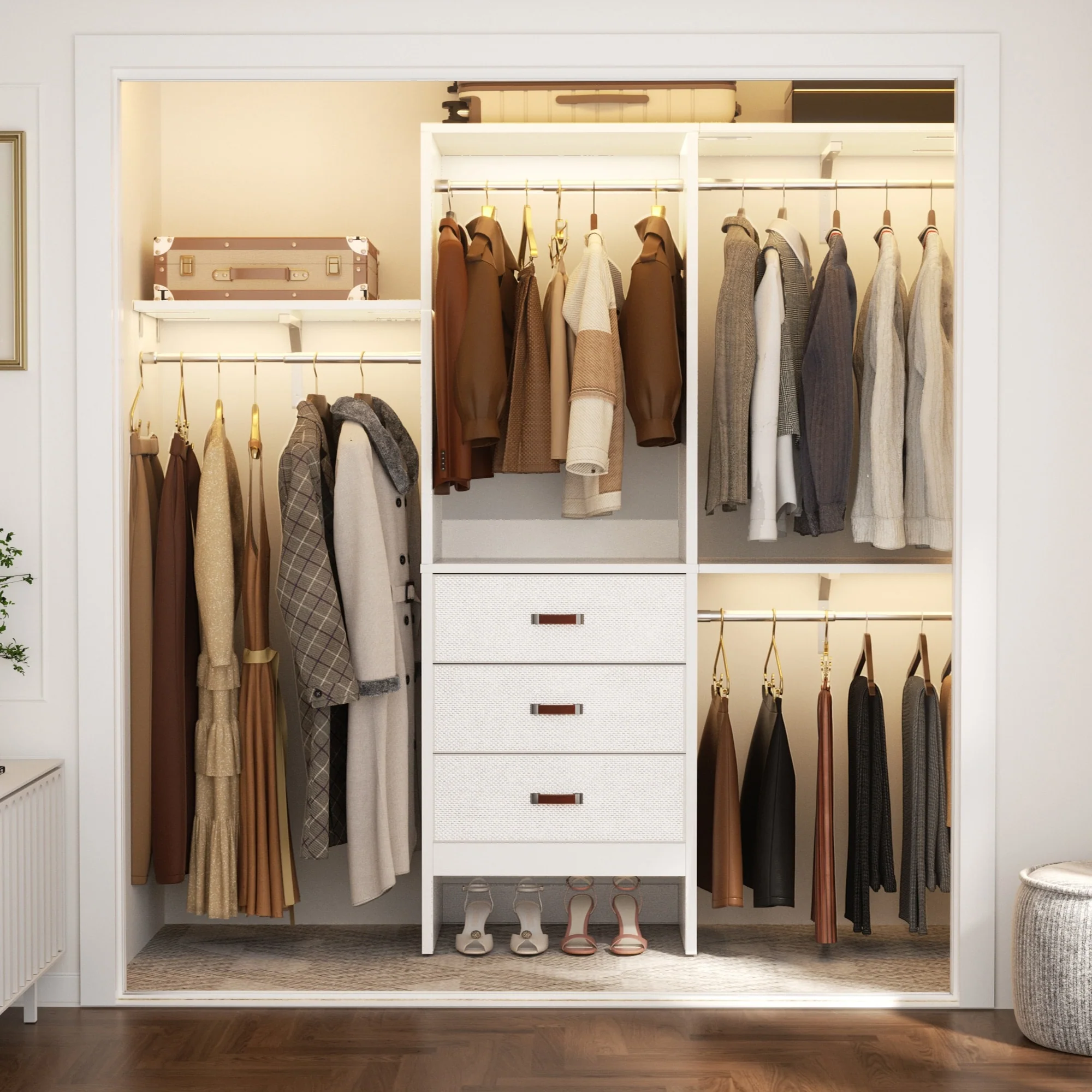 4FT Kid‘s Closet System with Fabric Drawers, DIY Closet Organizer with Adjustable Hanging Rods