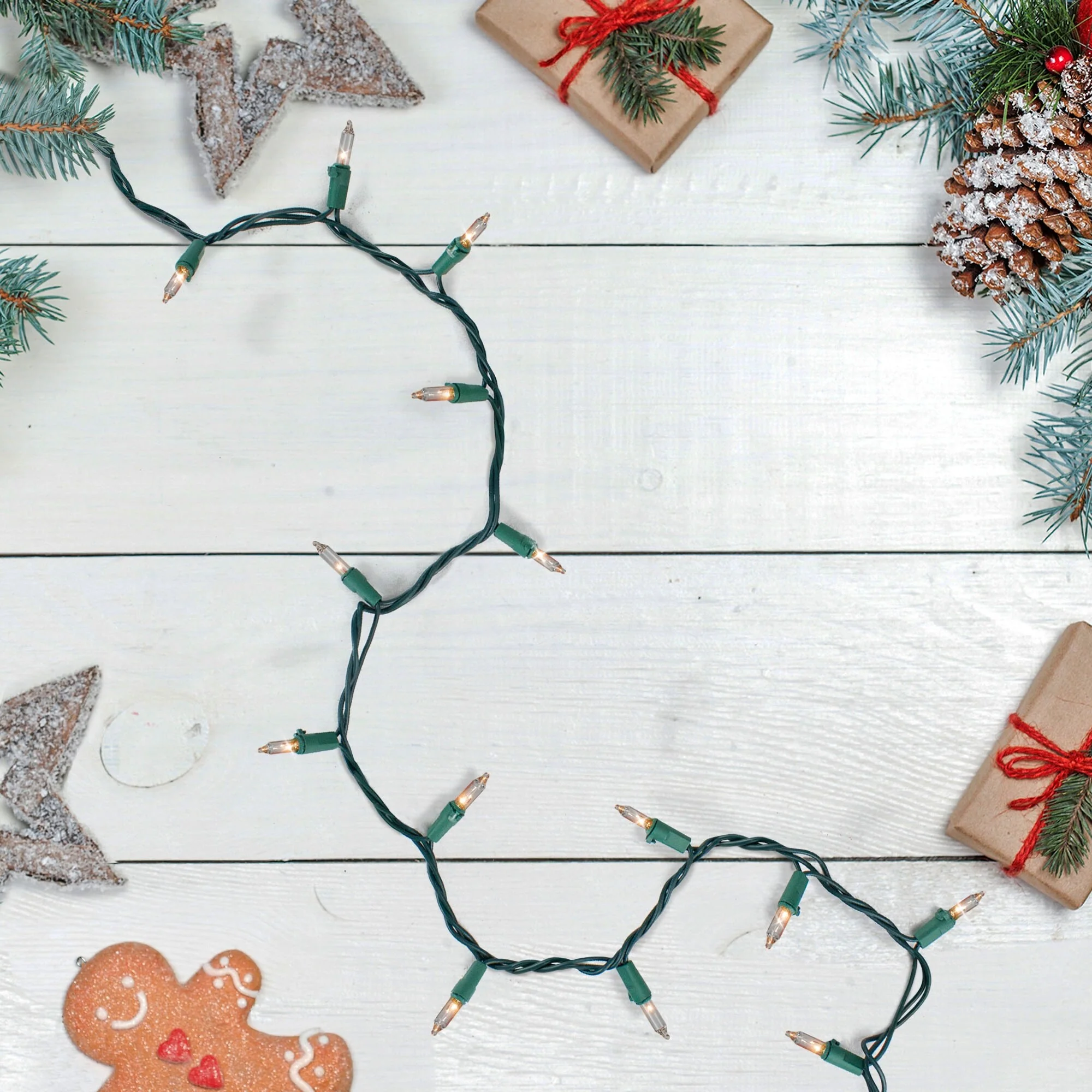 100-Count Clear Mini Christmas Light Set, 20.25ft Green Wire