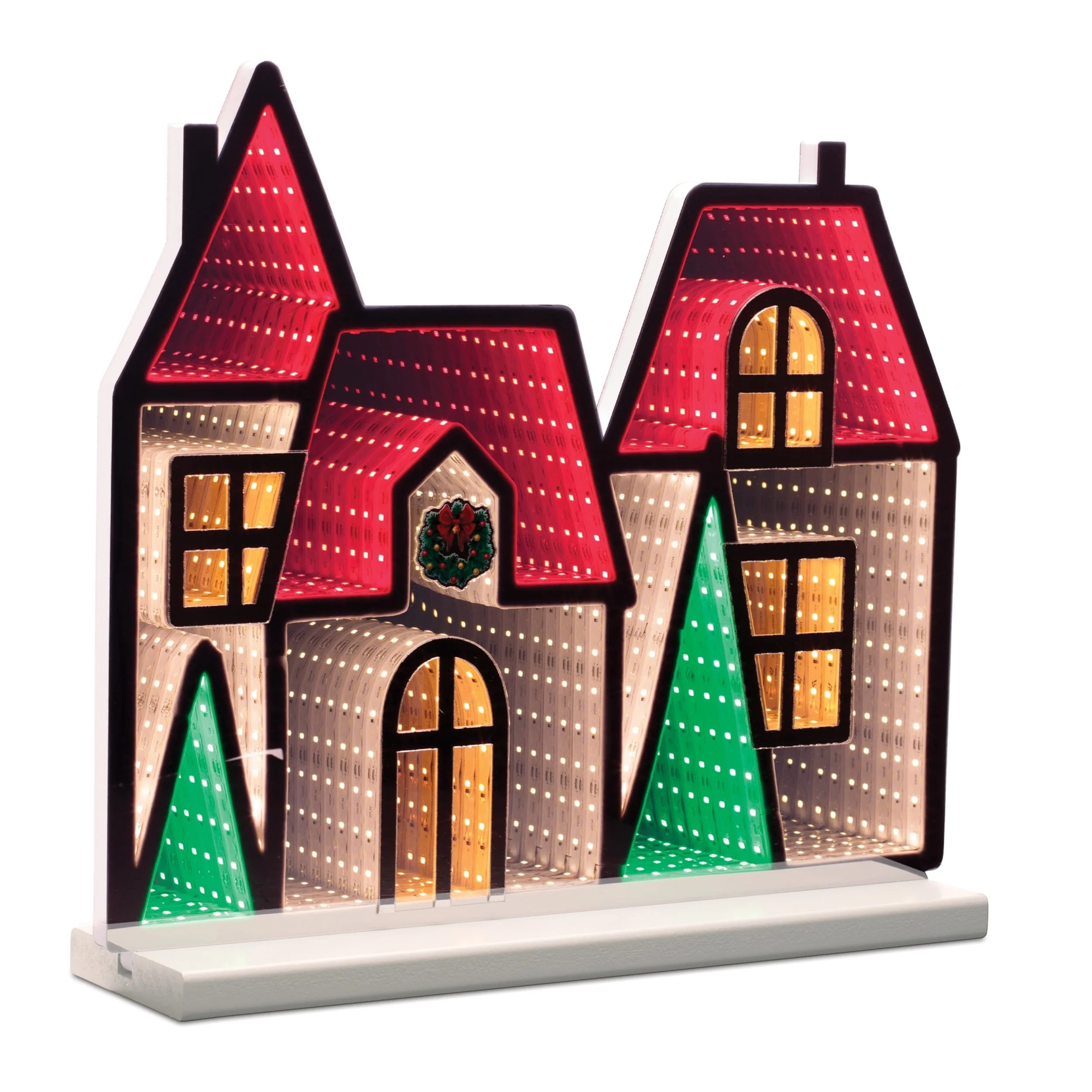 Acrylic Winter Village House with Infinity Lights and Pine Accents - 16” x 4” x 14.5” (L x W x H)