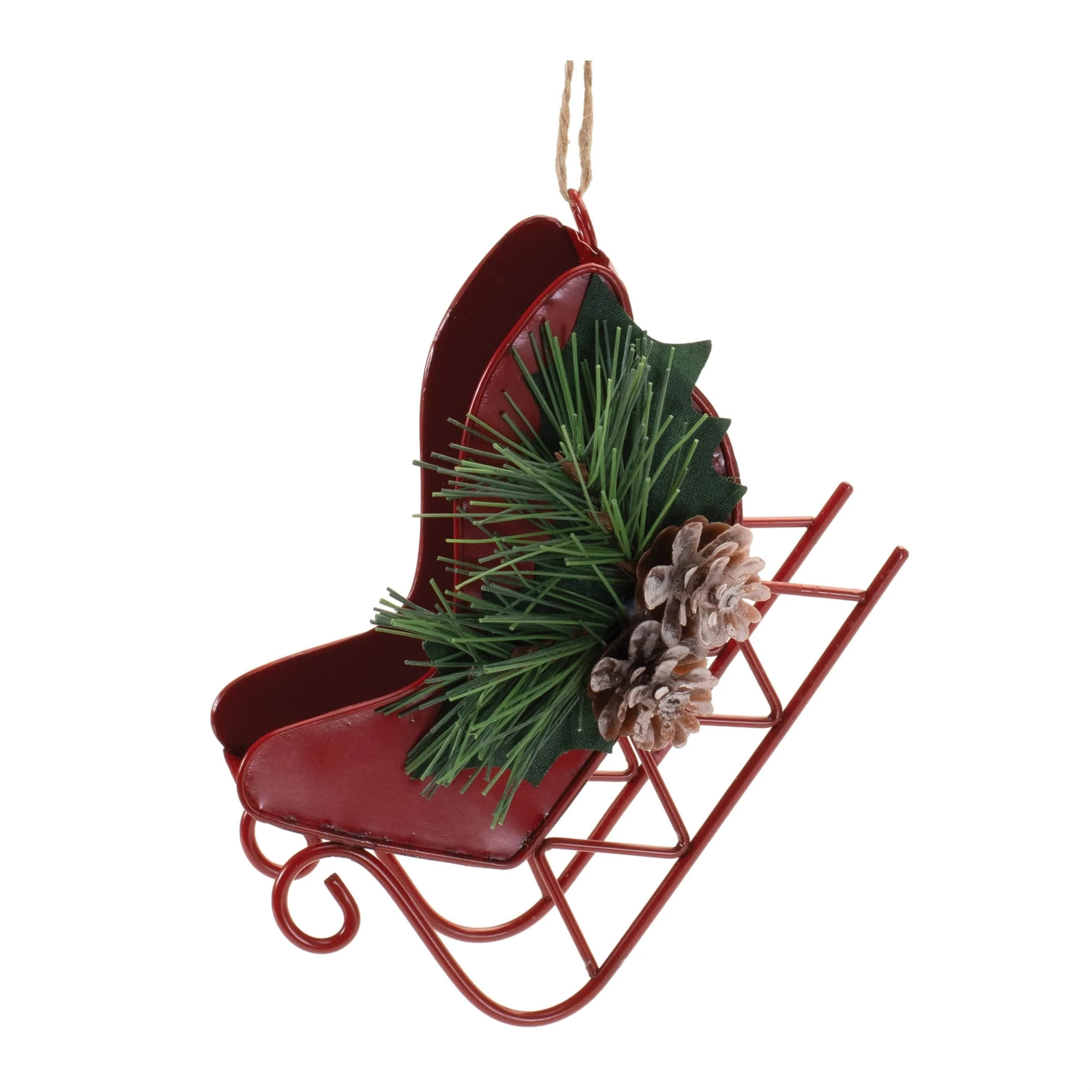 Set of 12 Red Green Metal Sleigh Ornaments for Christmas Tree - 4.25” x 2” x 4”
