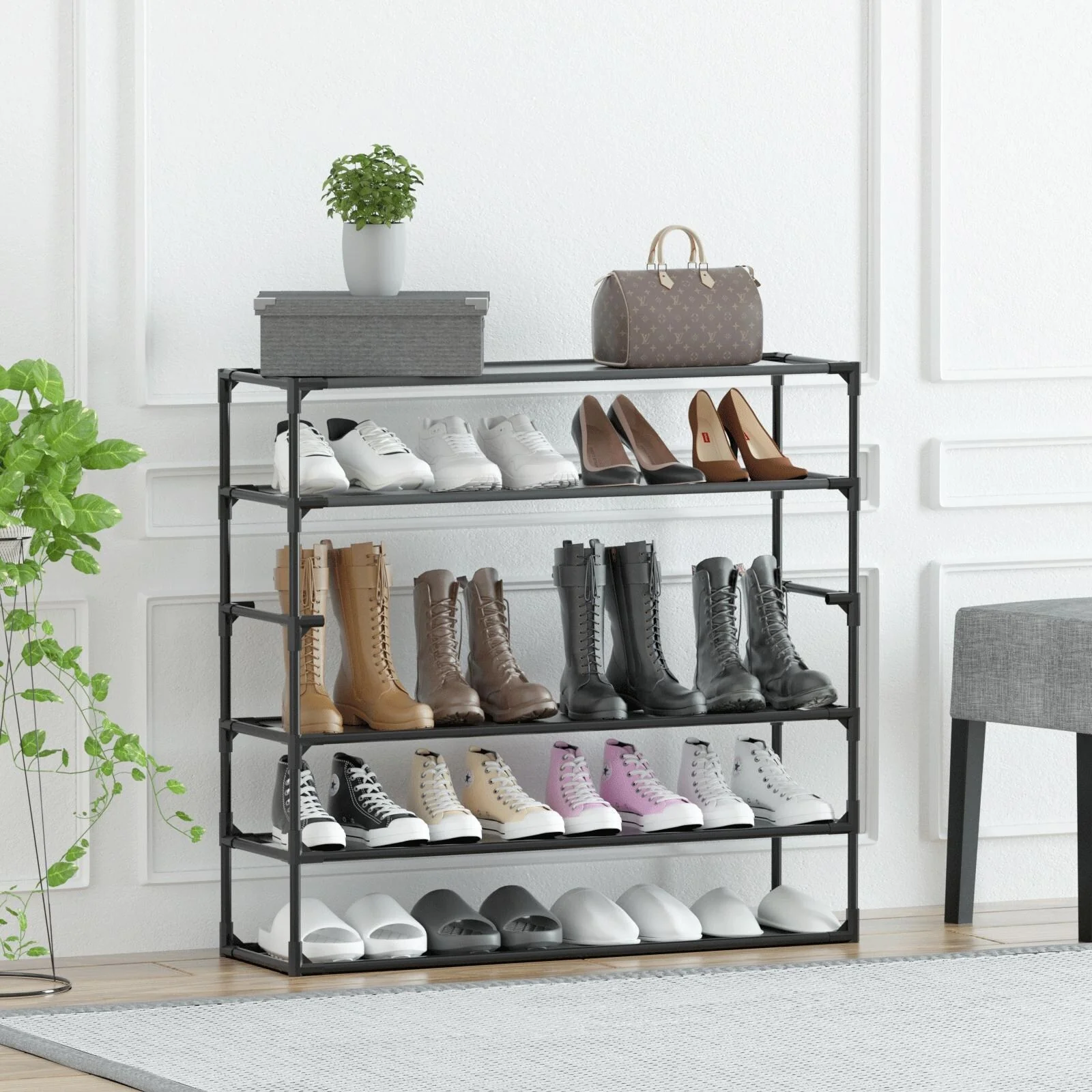 Shoe Rack Detachable Non-Woven Waterproof Fabric Shoe Organizer Tower Black Set of 2
