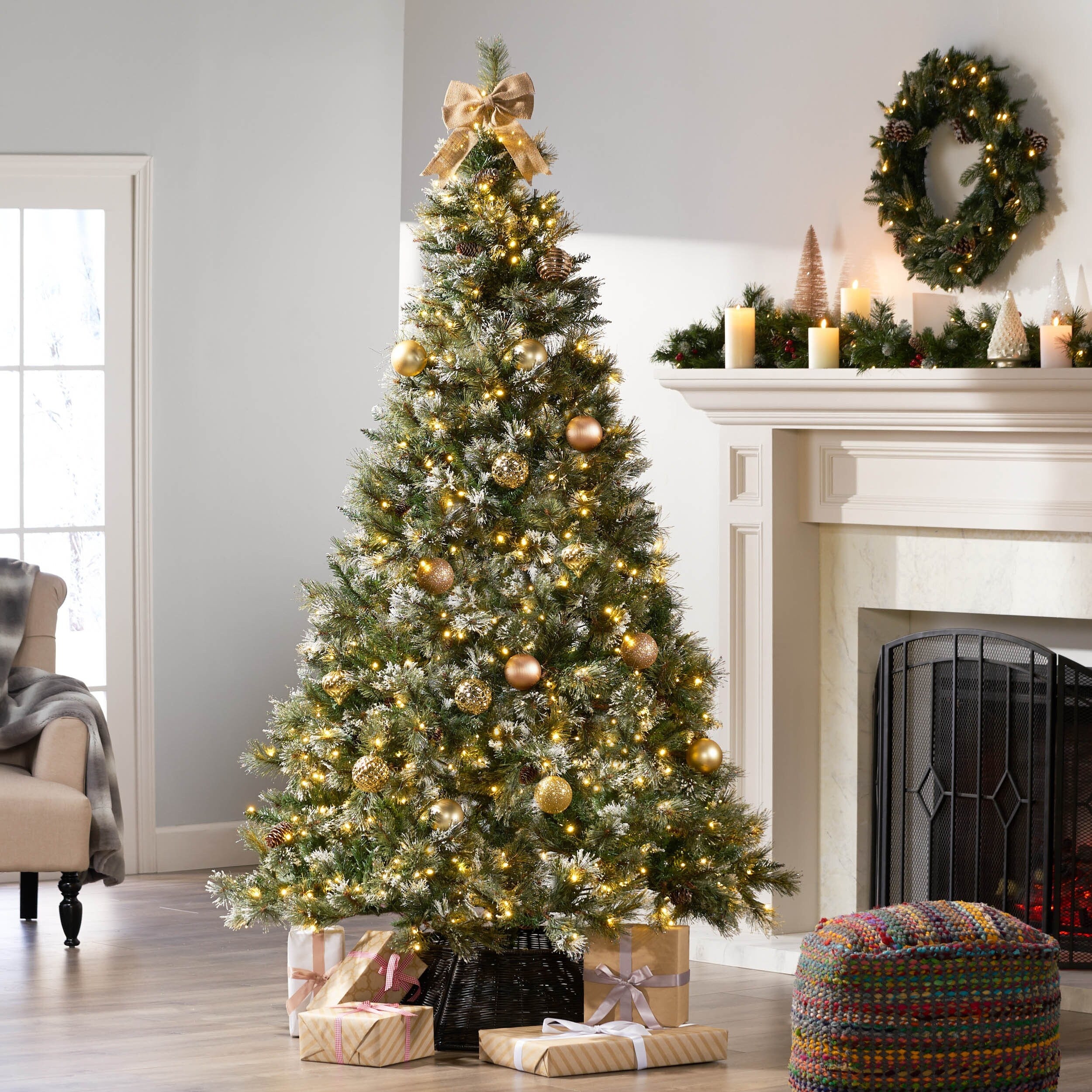 7.5' Artificial Christmas Tree, Snow and Glitter Finish, 750 LED Lights, 86 Pine Cones, Hinged Branches, Indoor Use