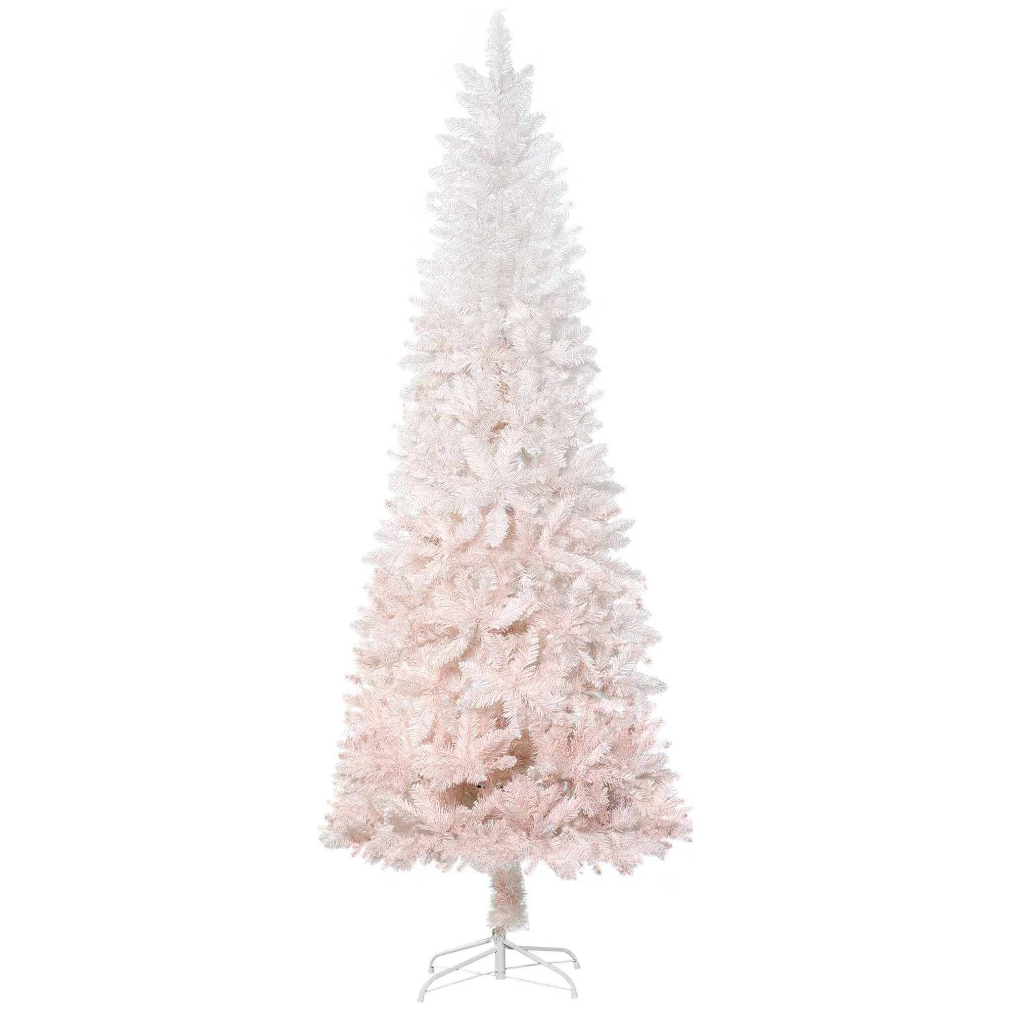 Tall Unlit Pencil Fir Artificial Christmas Tree With Realistic Branches And Steel Base, Pink And White