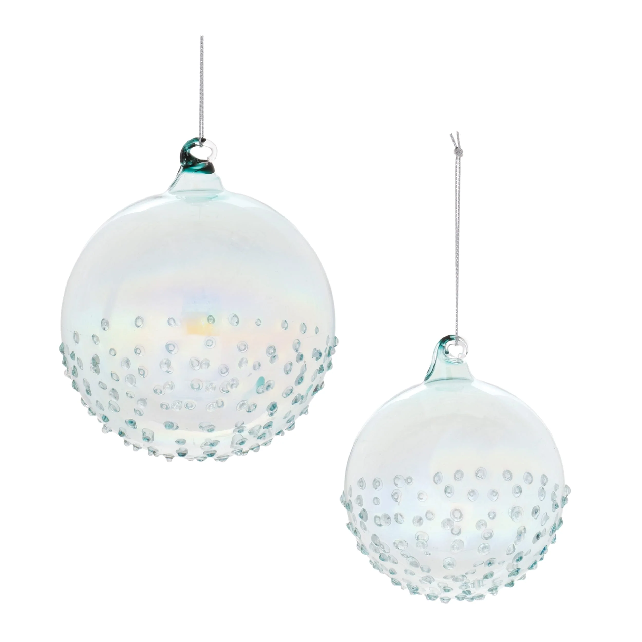 Glass Iridescent Ball Ornaments with Swirled Cap Set of 12 - 3.75” x 3.75” x 4.25” (L x W x H)