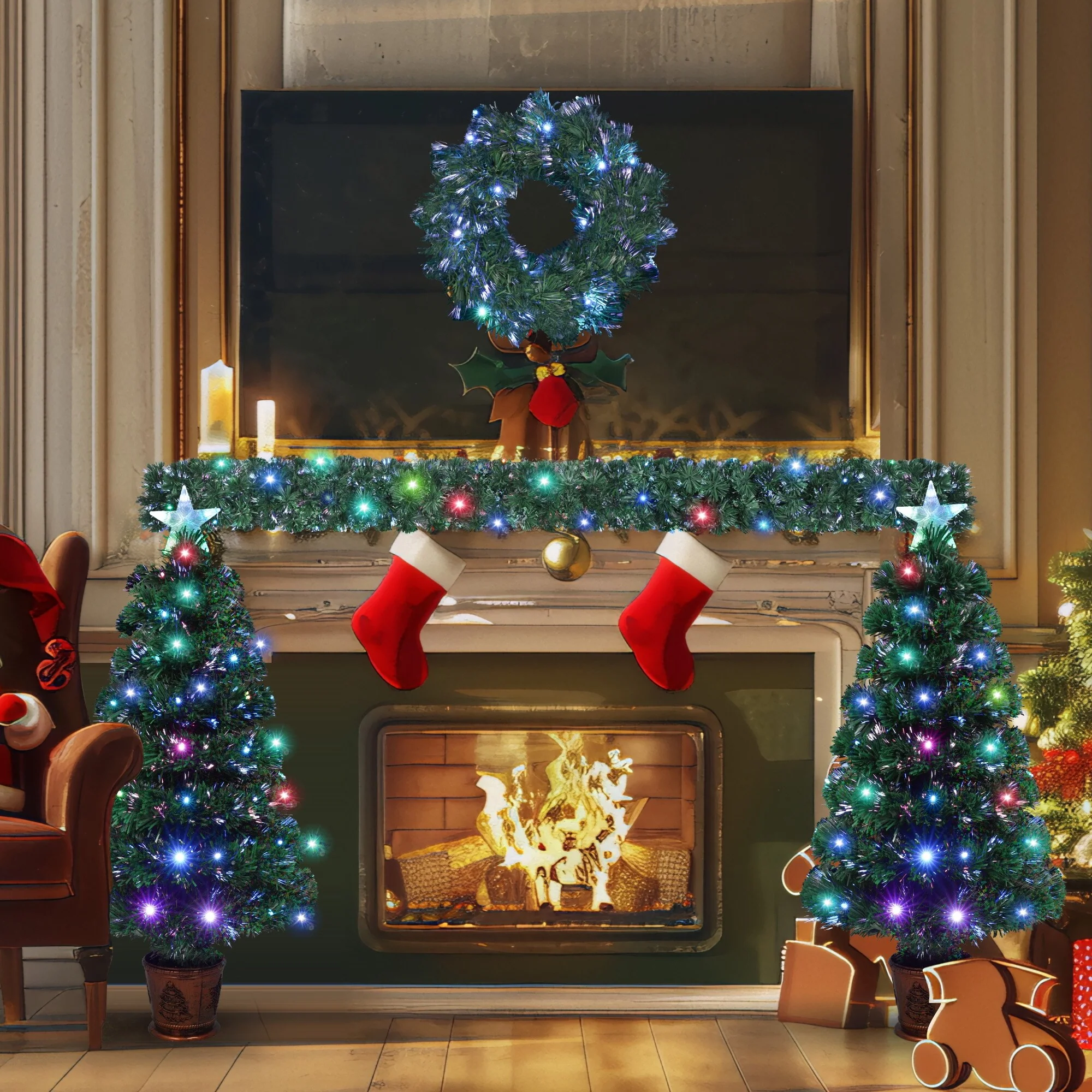 4-Piece Fiber Optic Christmas Tree Set with Wreath, Garland, and Entrance Trees