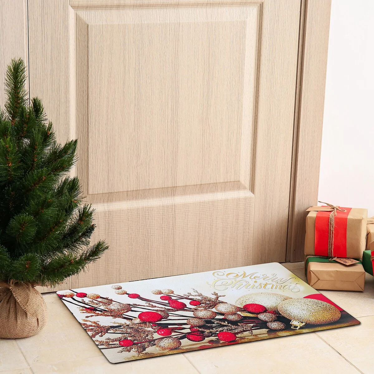 Christmas Printed Rubber Mat Red Gold Ornaments