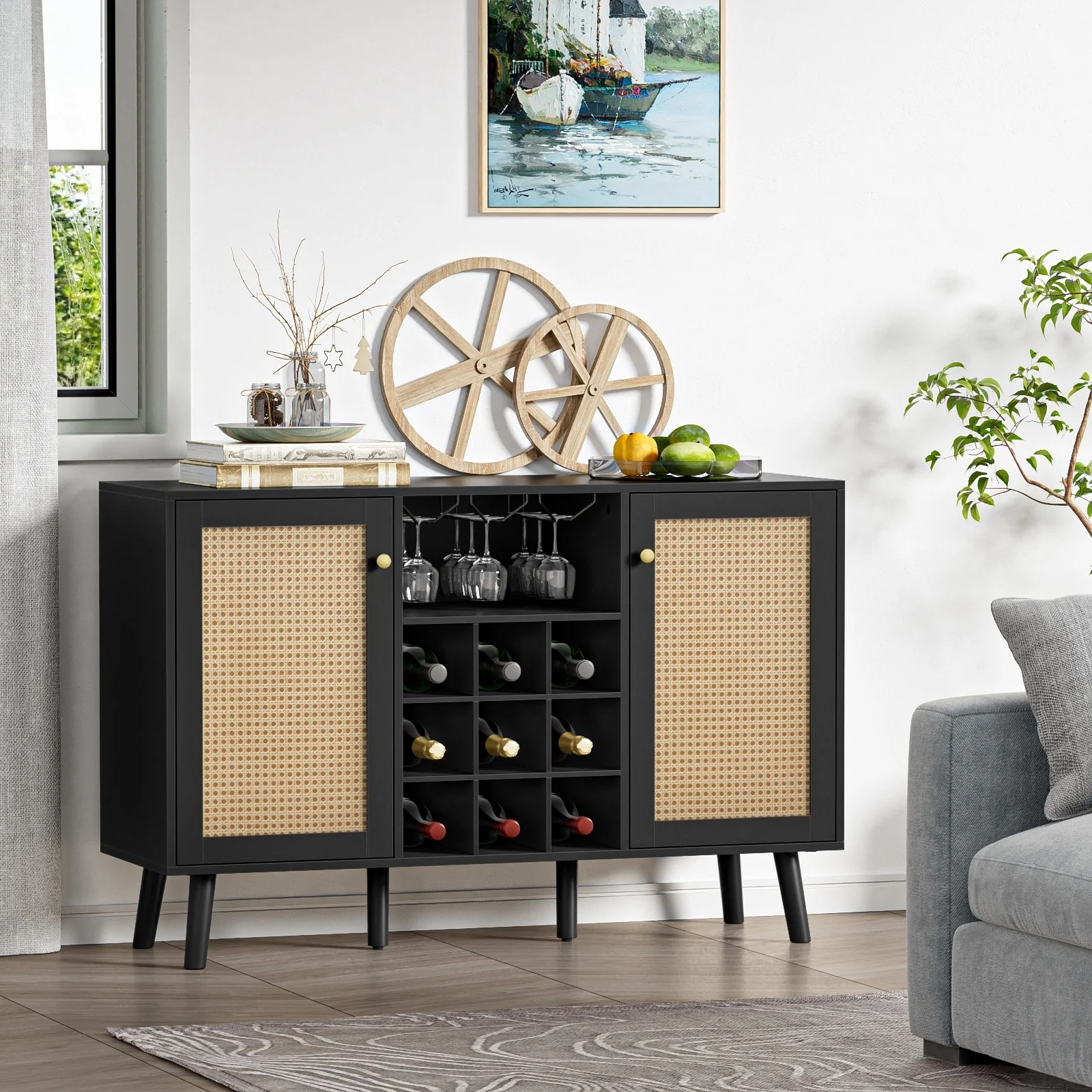 Anmytek Modern 2-Door Black Wood Rattan Kitchen Buffet Sideboard Coffee Bar Cabinet Server Table with Wine Rack