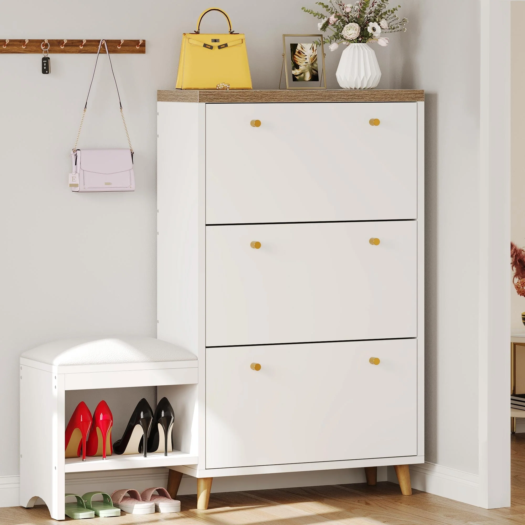 Moasis 36 Pair Shoe Storage Cabinet with 3 Flip Drawers and Shoe Bench