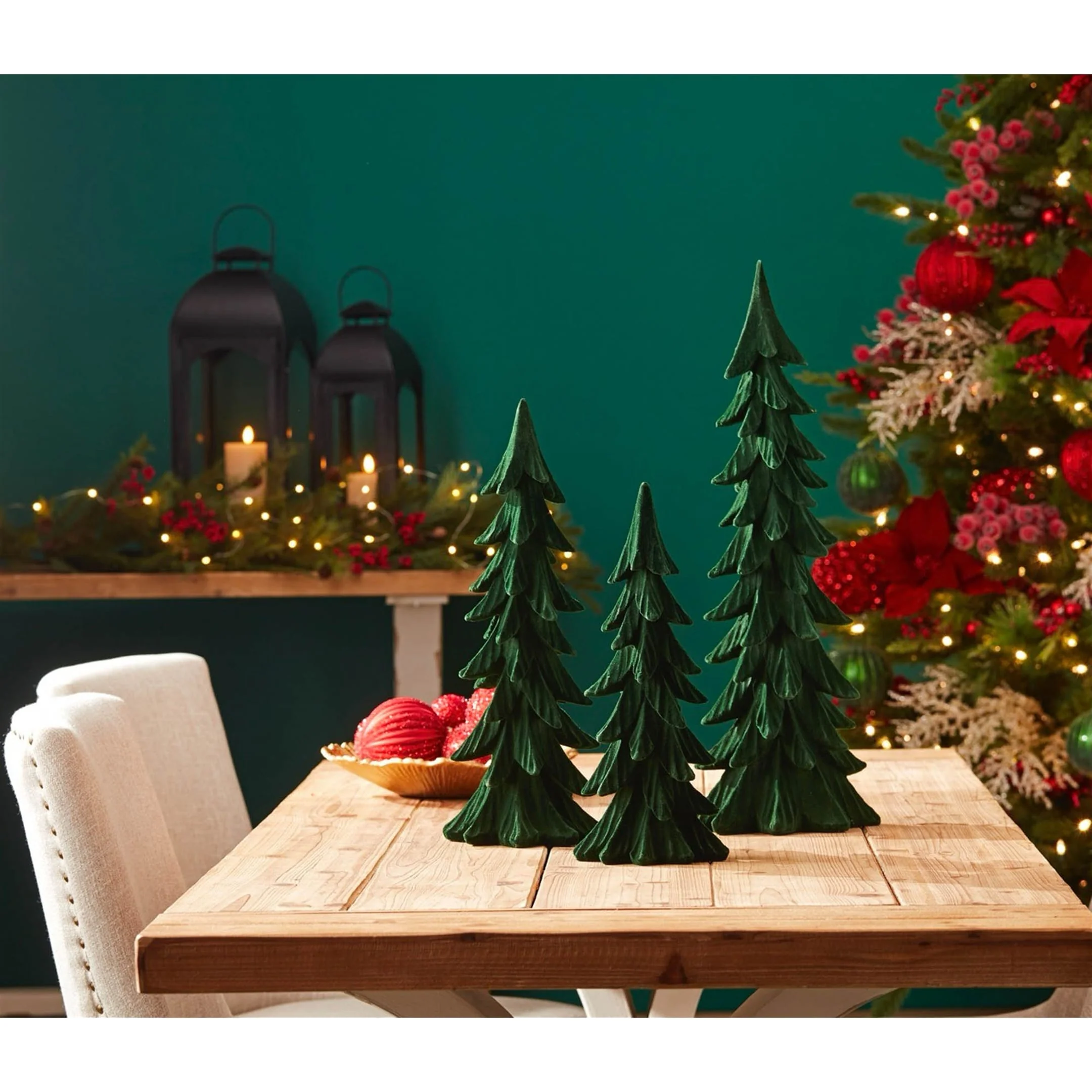 Set of 3 Velvet Resin Pine Tree Decor Modern Holiday Decoration for Mantel or Shelf Display - 6.75”L x 5”W x 17”H