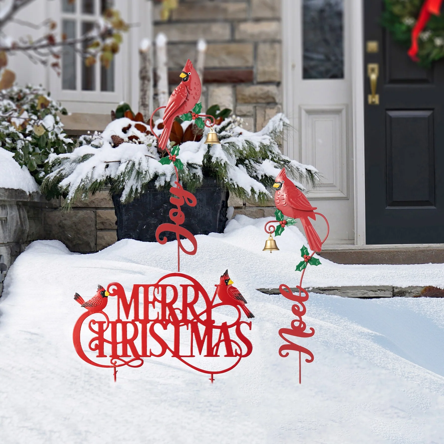 Glitzhome Metal Merry Christmas or JOY & NOEL with Bell Yard Stakes