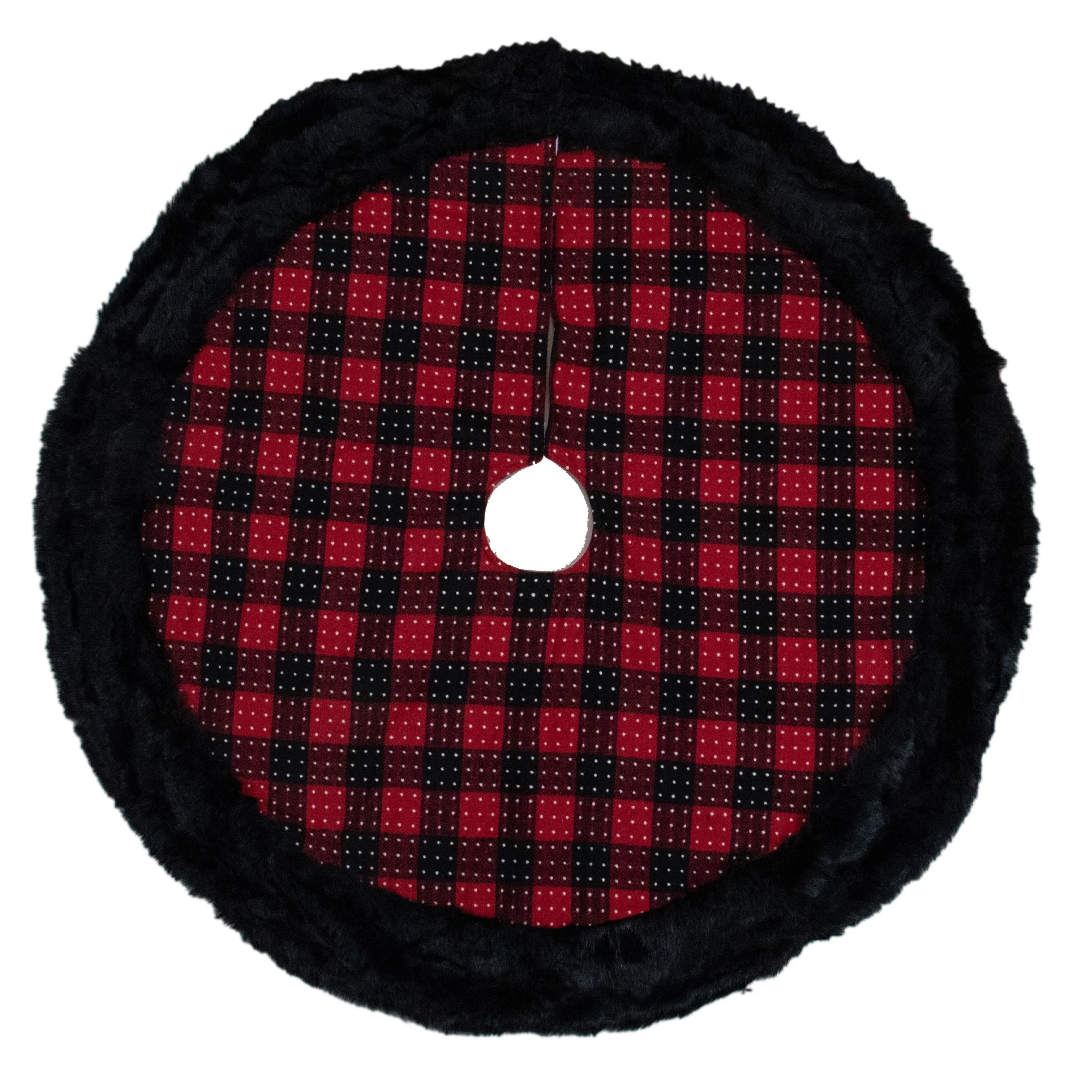Buffalo Plaid with Polka Dots and Faux Fur Border Christmas Tree Skirt - Black and Red - 48