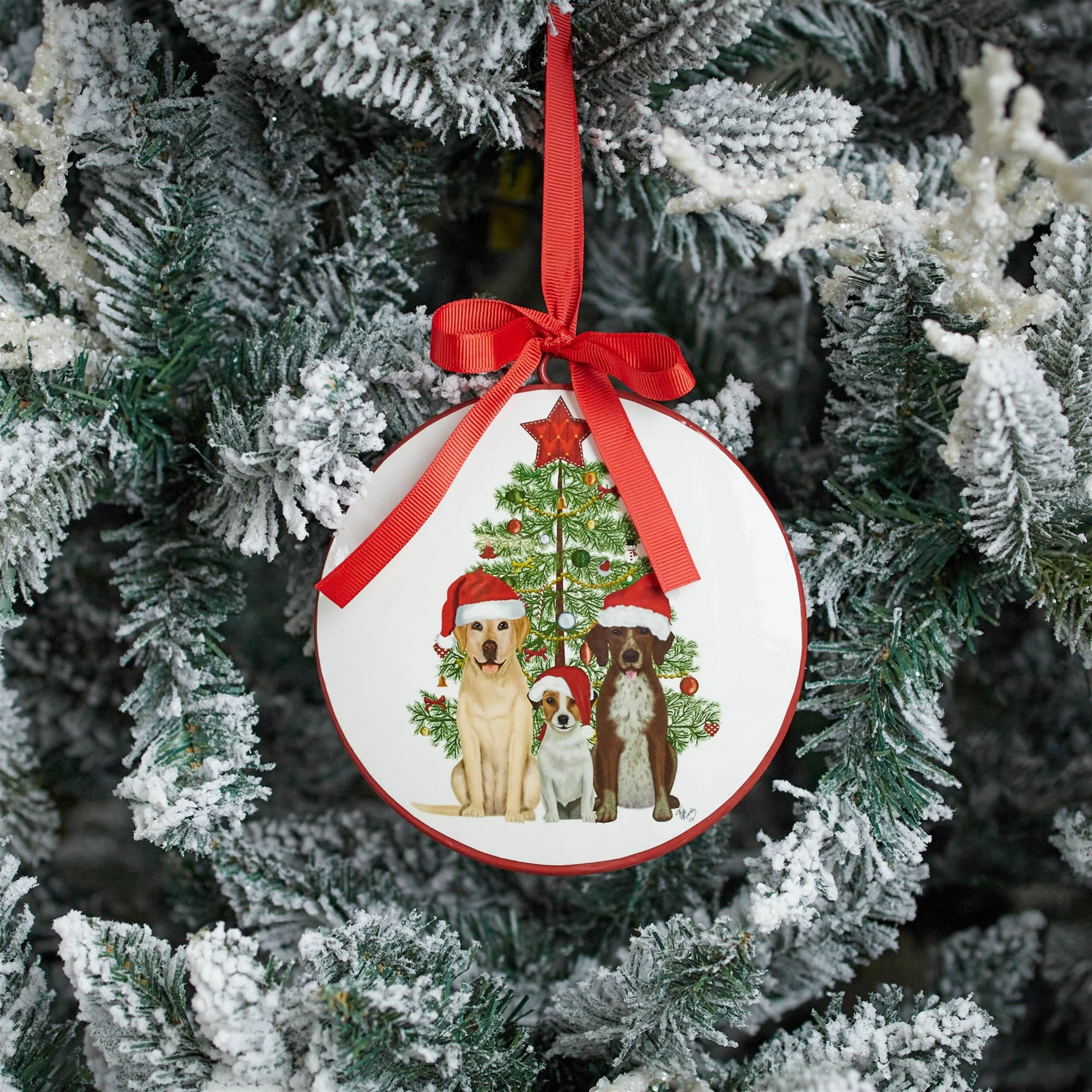 Set of 12 Dog Christmas Tree Ornaments Iron Disc Decor with Festive Ribbon for Holiday Display - 6”L x 1”W x 6”H