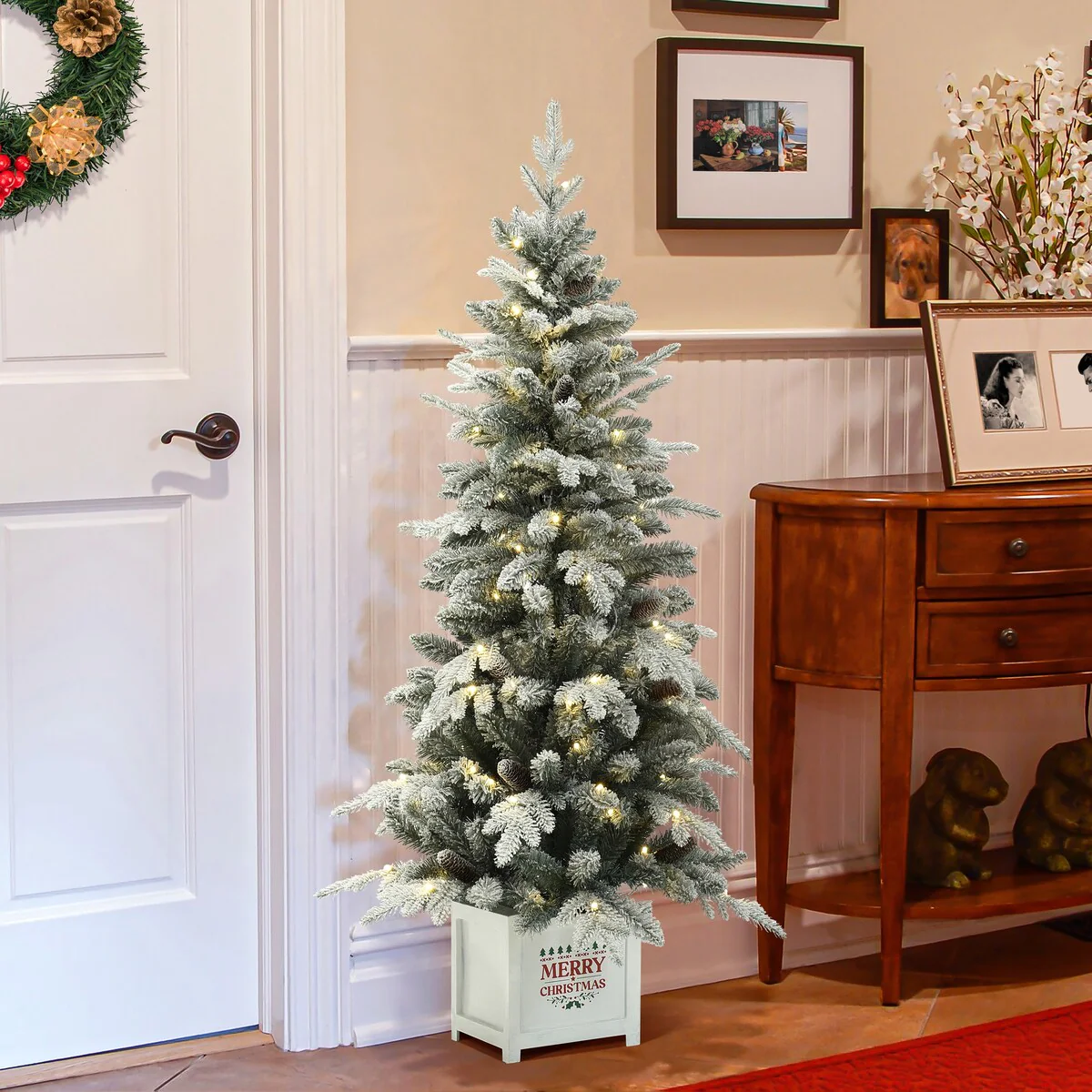 5Ft Pre-Lit Snow Flocked Full Pine Potted Artificial Christmas Tree - 60