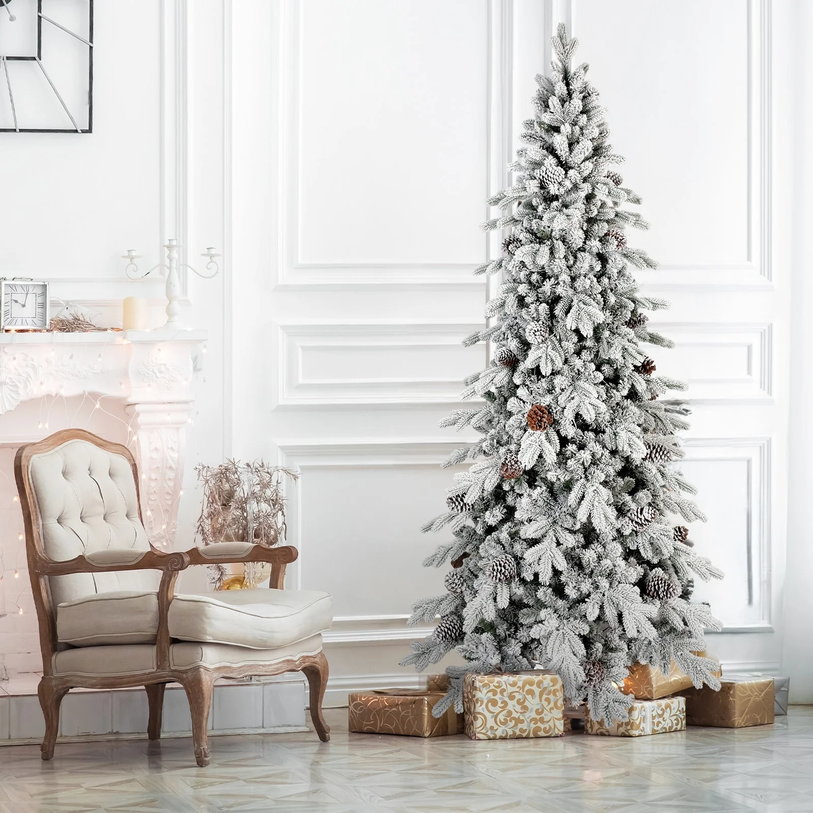 7.5 FT Flocked PE/PVC Christmas Tree with 40 Natural Pine Cones-1424 Tips, Space-Saving Design, Hinged Branches