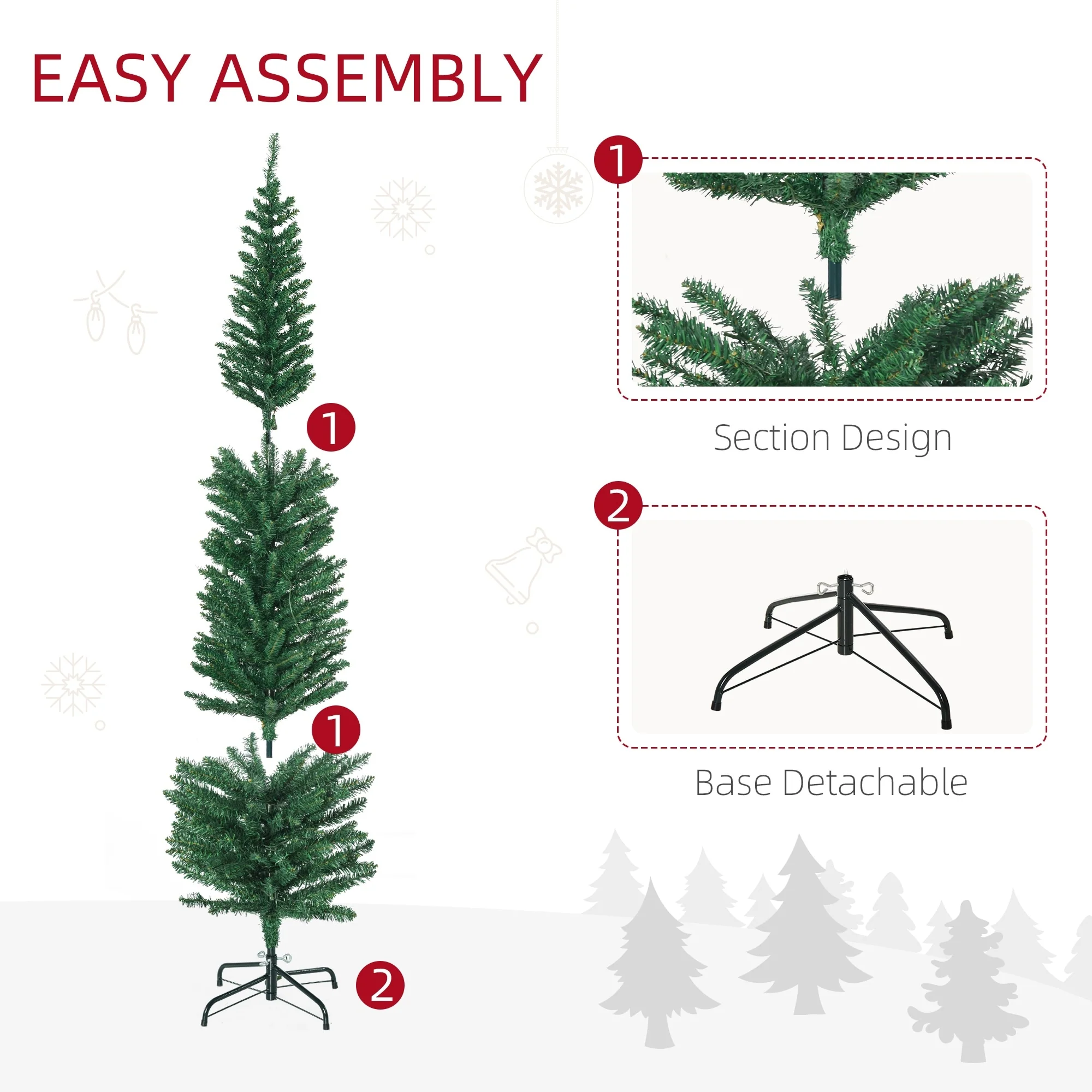 6ft Prelit Artificial Pencil Christmas Tree with 150 Colorful LED Lights and Steel Base