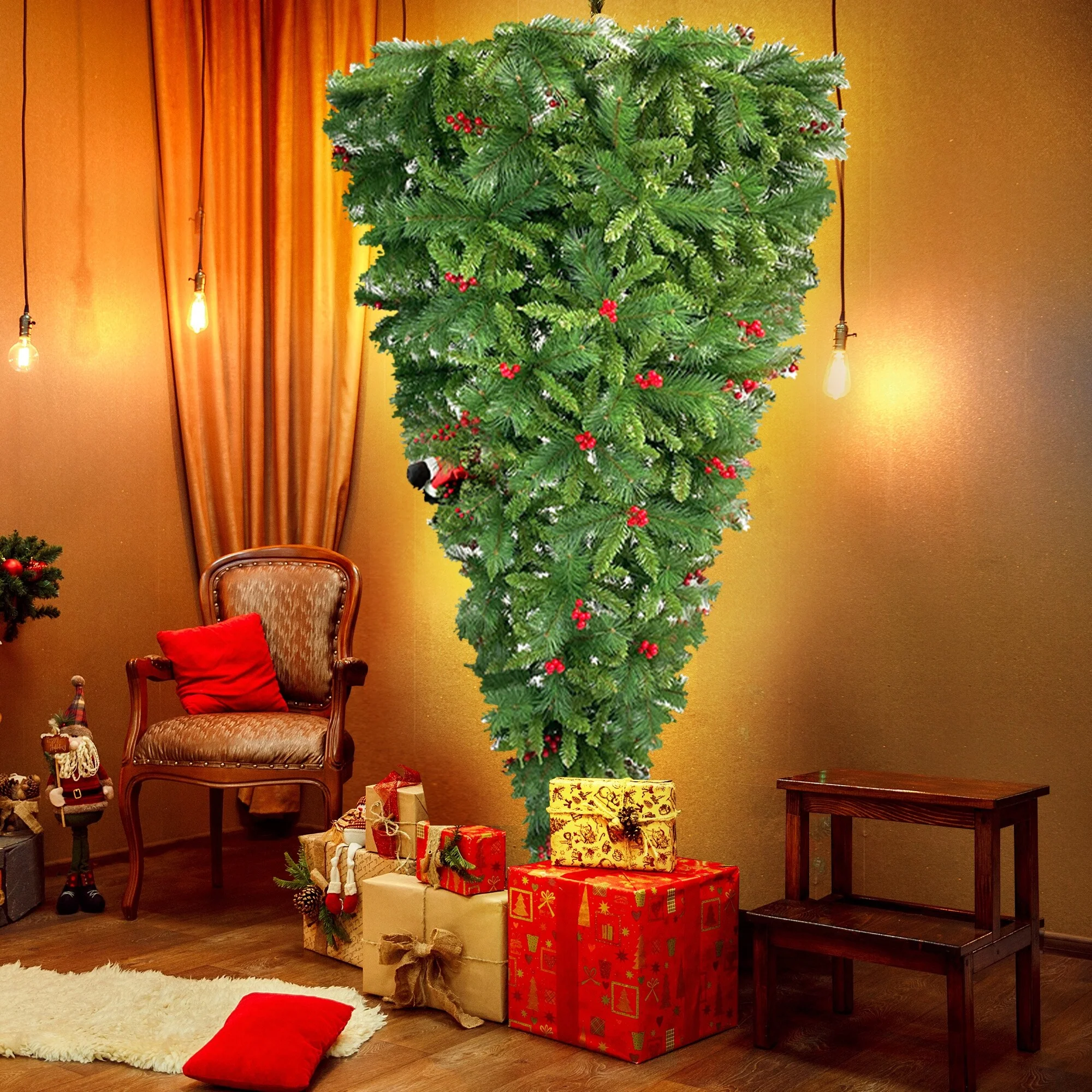 7.5FT Inverted Christmas Tree with Artificial Berries, Santa's Legs, PVC Pine Needles for Holiday Decorations