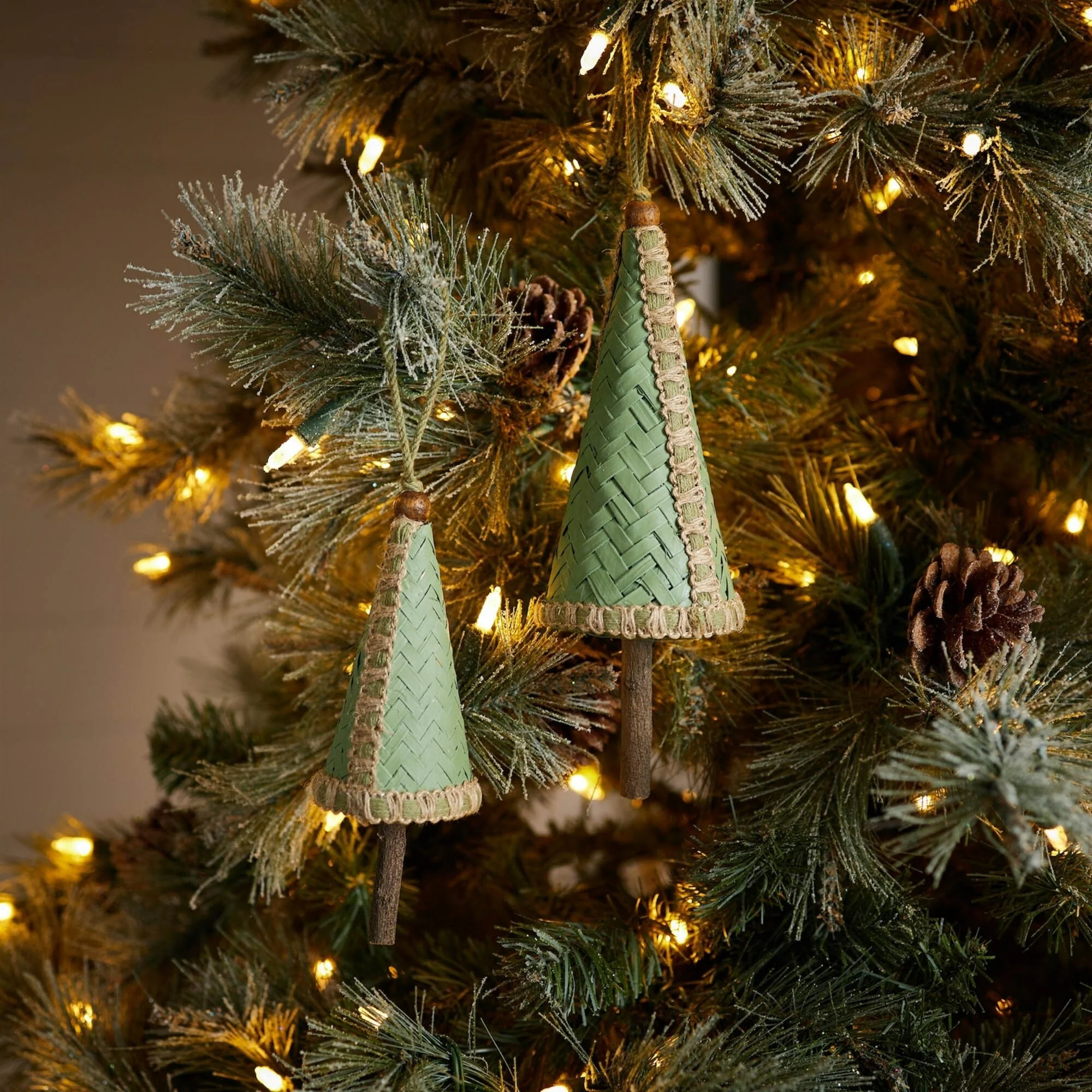 Woven Bamboo Pine Christmas Tree Ornaments - 9.25