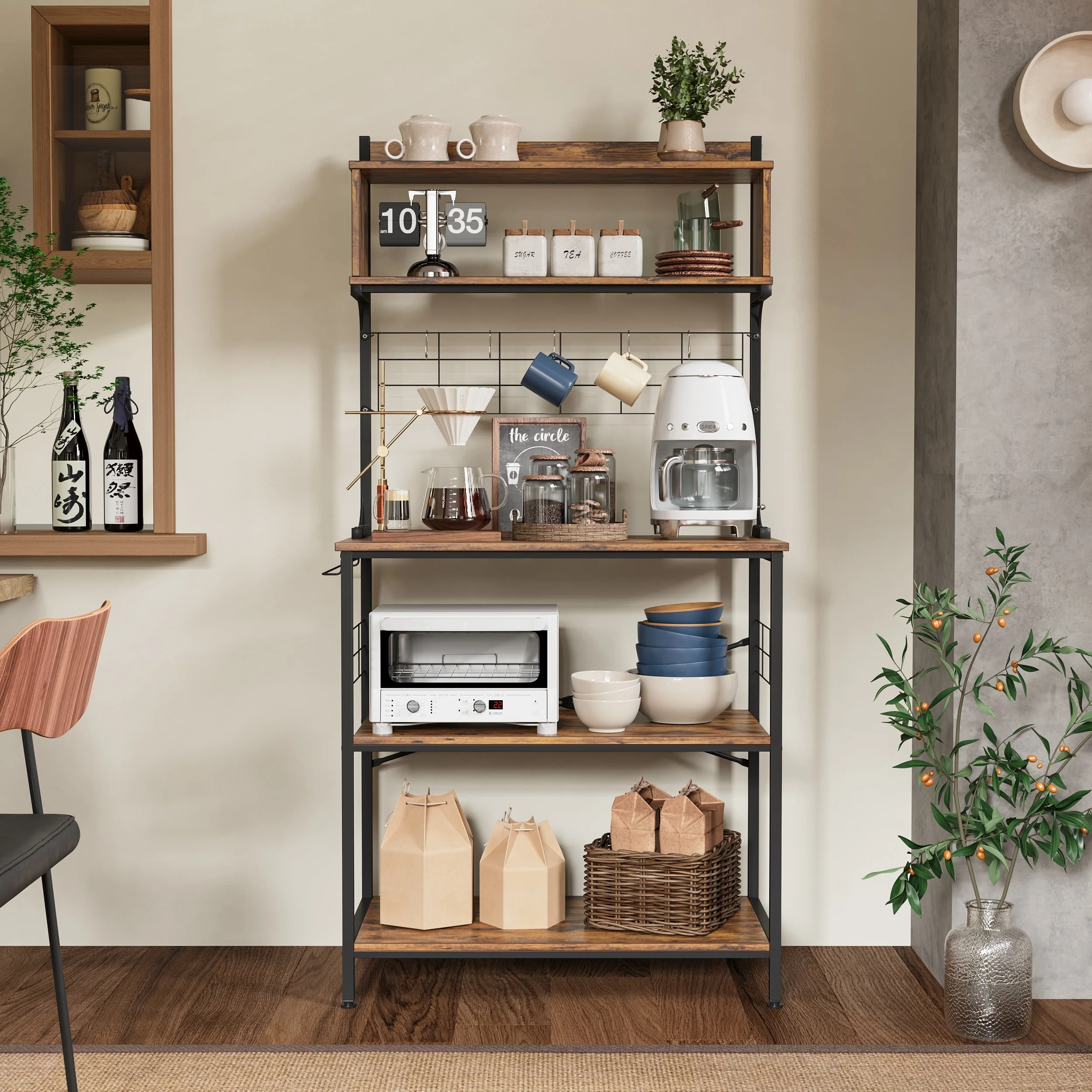 63 Inch Kitchen Baker's Rack with Hutch 8 Side Hooks