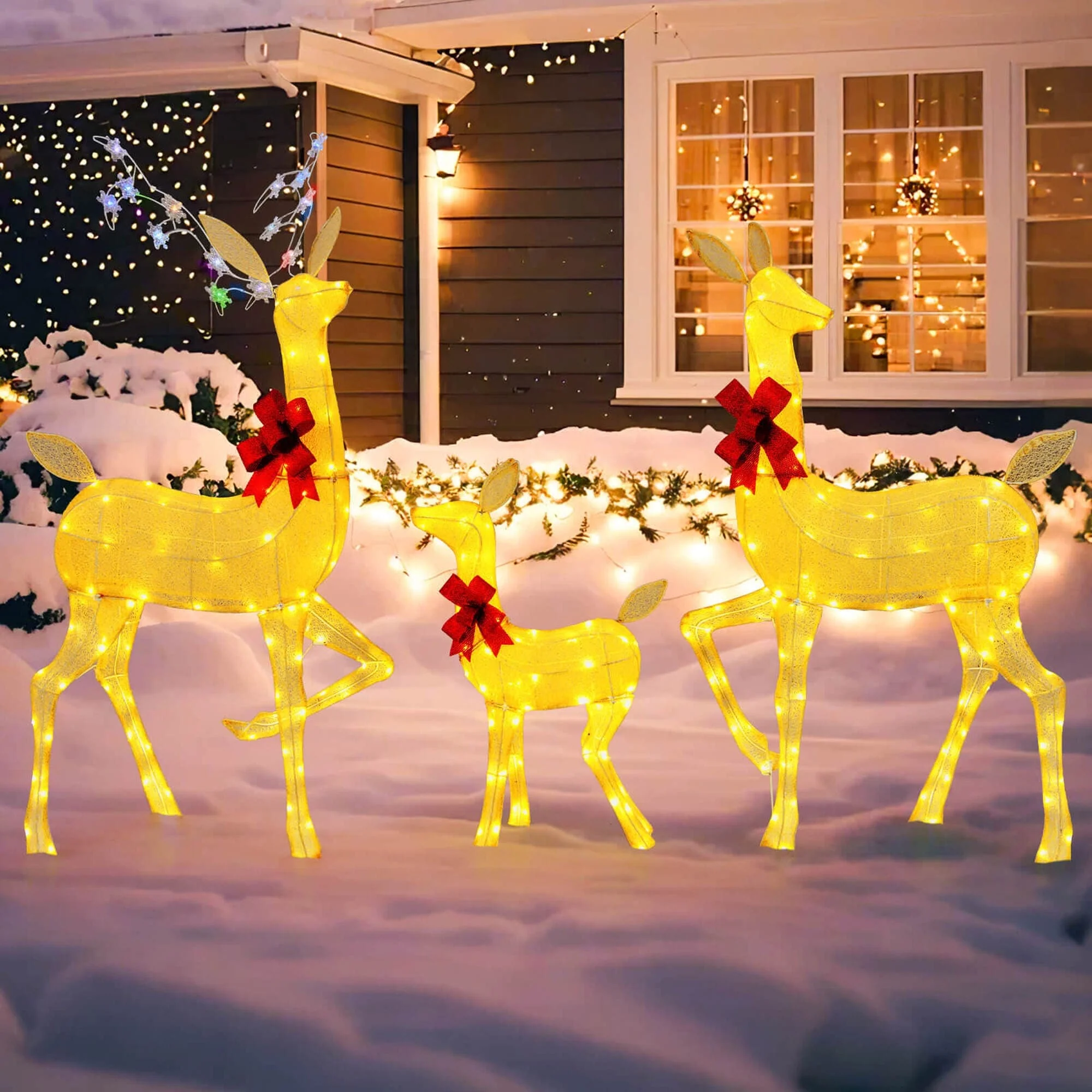 Costway 3 PCS Lighted Family Deer Set with LED Lights RGB Flashing - Brown - See Details