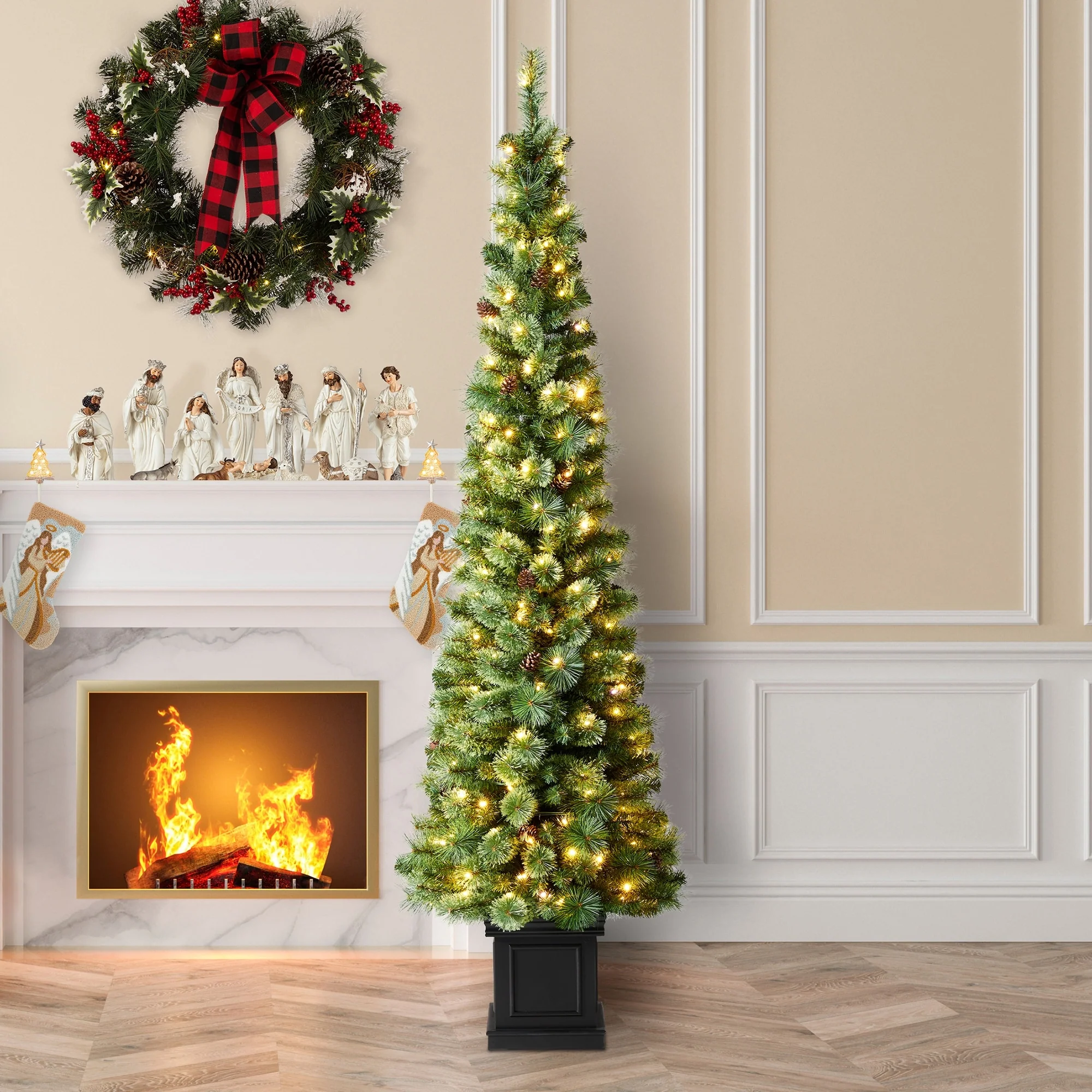 Glitzhome 5ft/6ft/7ft Pre-Lit Green Pine Christmas Potted Porch Tree with LED Lights and Remote Control