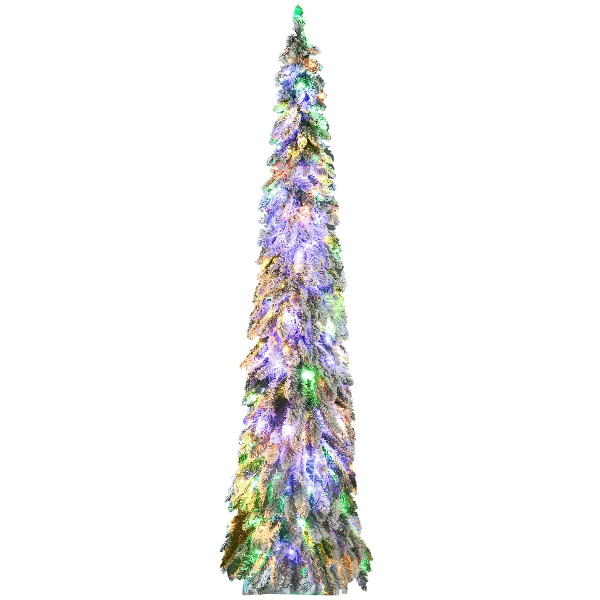 HOMCOM 7ft Tall Prelit Pencil Artificial Christmas Tree Holiday Décor with 534 Snow Flocked Branches, Downswept Shape - 6.89 ft