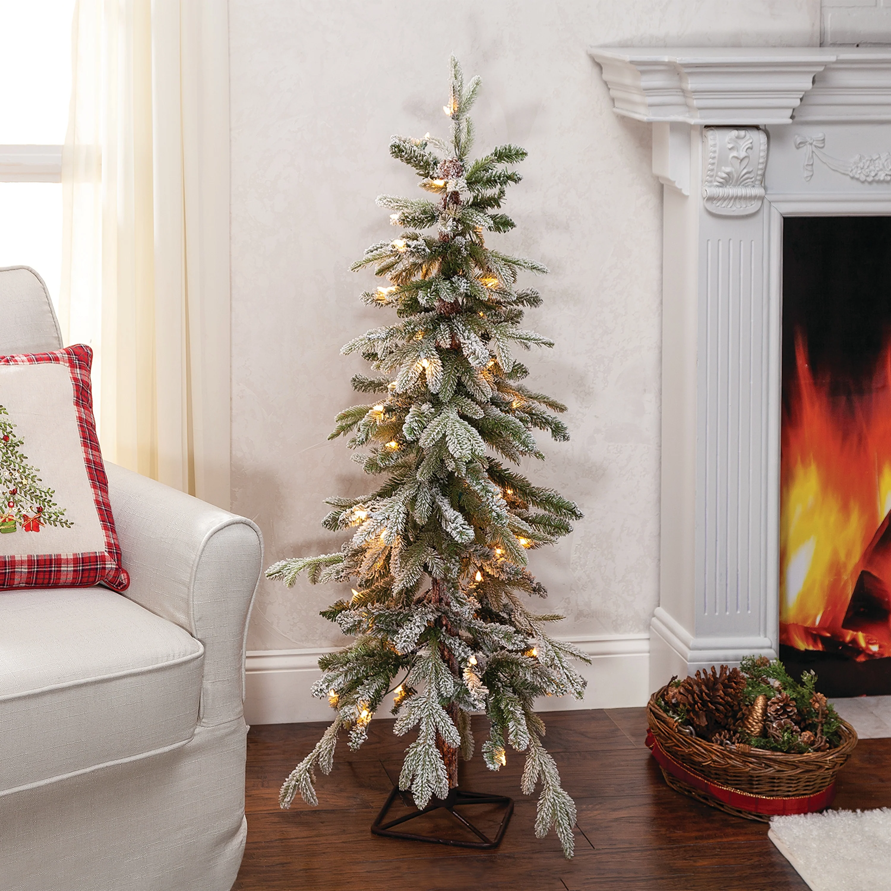 4 Foot Pre Lit Flocked Natural Cut Alpine Tree with 50 LED Lights - N/A