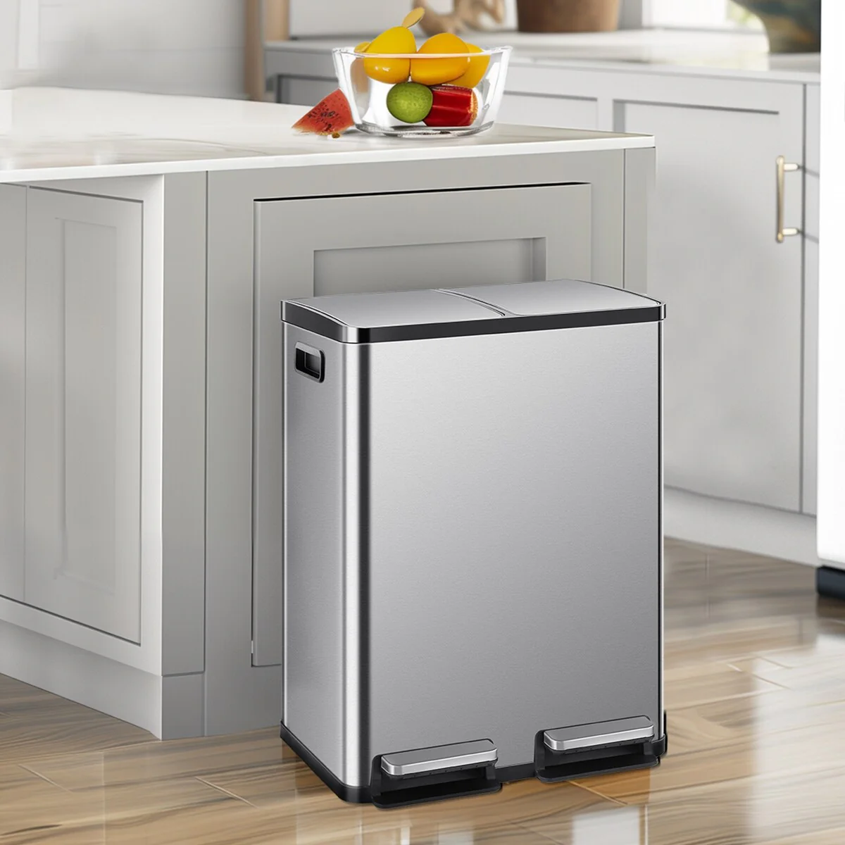Large 60 Liter Stainless Steel Trash Can, Dual Compartment Plastic Inner Bucket (2 x 8 Gallon)