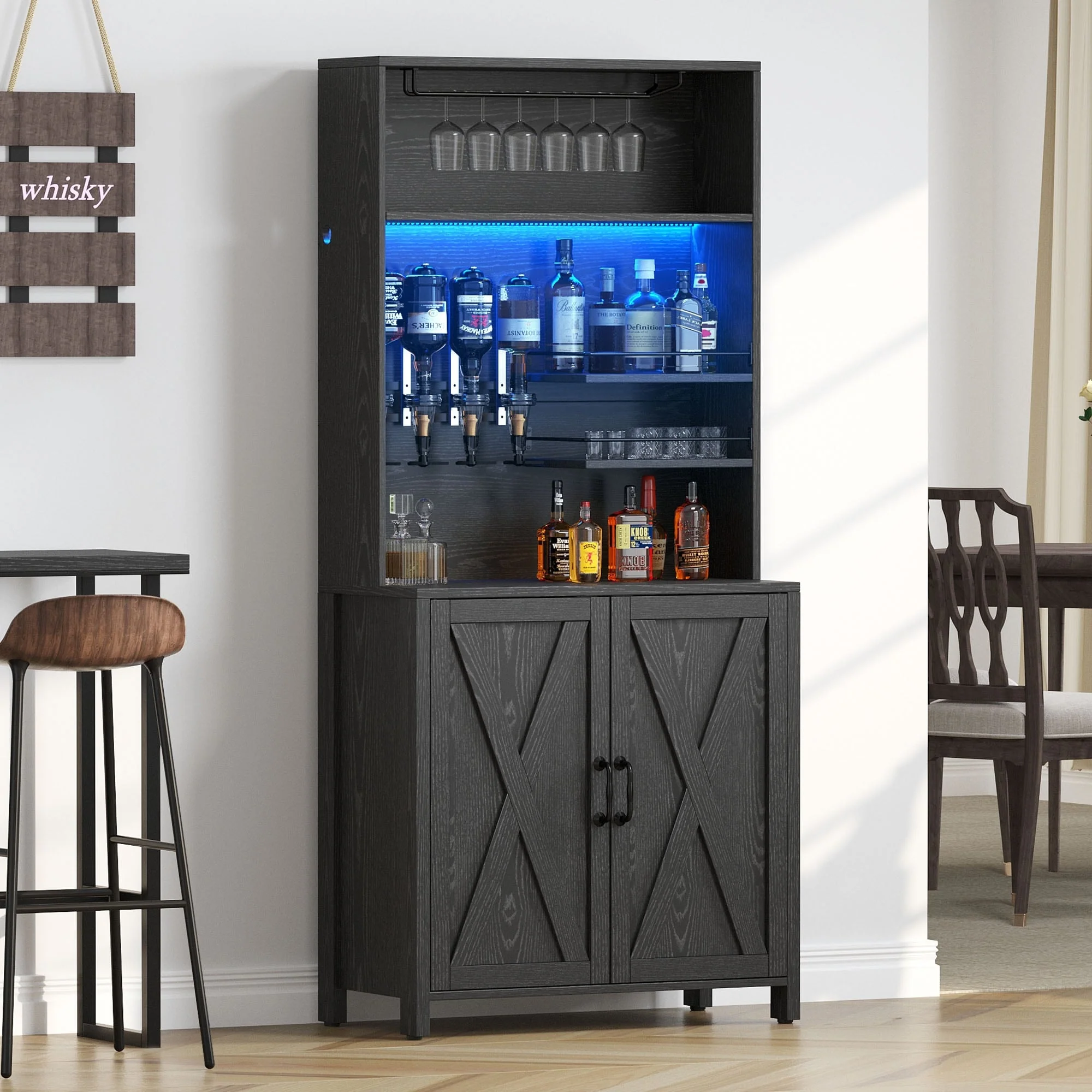 Moasis Farmhouse Bar Cabinet Wine Rack with RGB Light and Power Outlet