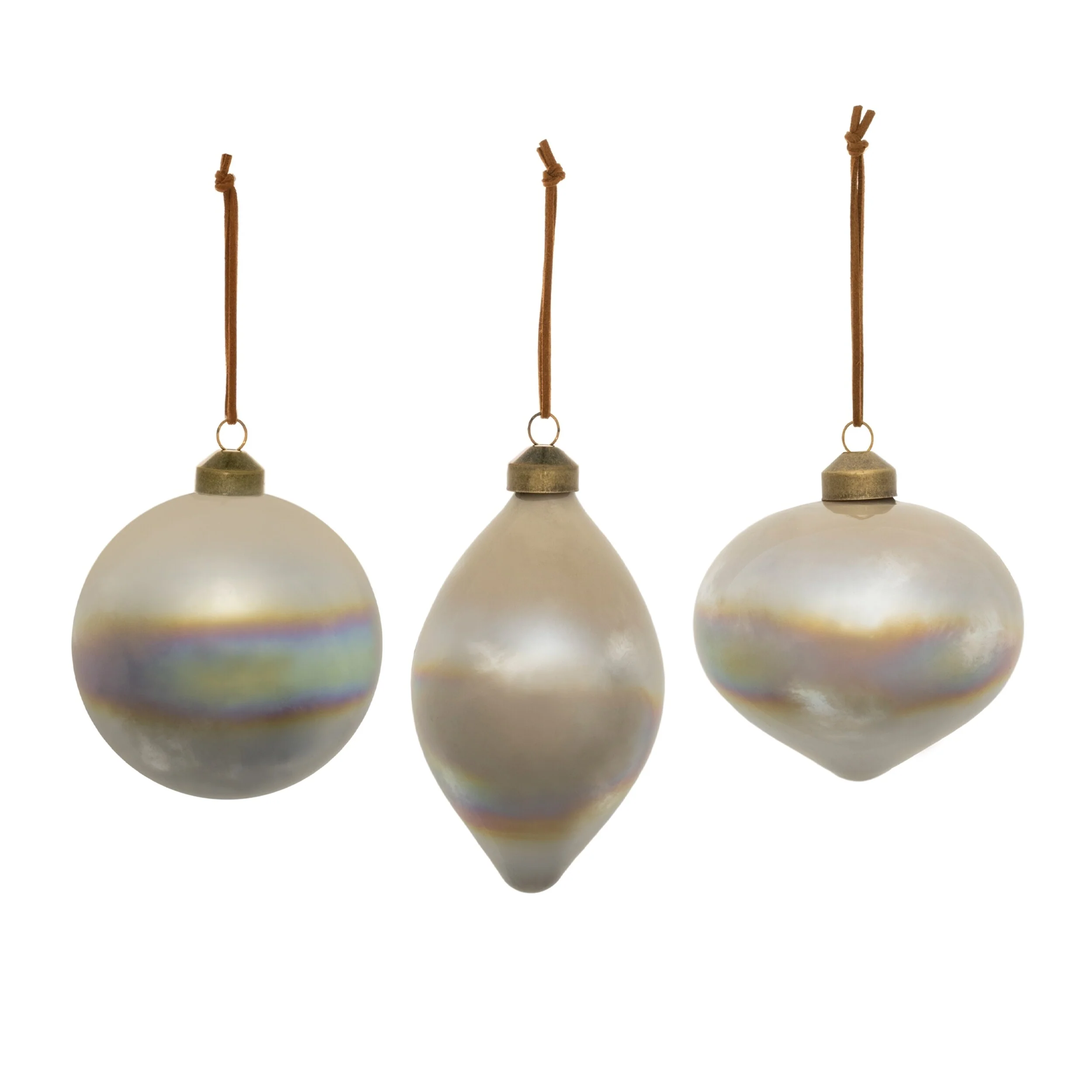 Iridescent Glass Ornaments with Leather Hanger Set of 6 Decor - 3” x 3” x 6” (L x W x H)