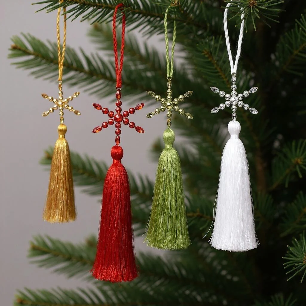 HomeRoots Set of Four Gold Green Red And White Handmade Snowflake With Tassel Ornaments