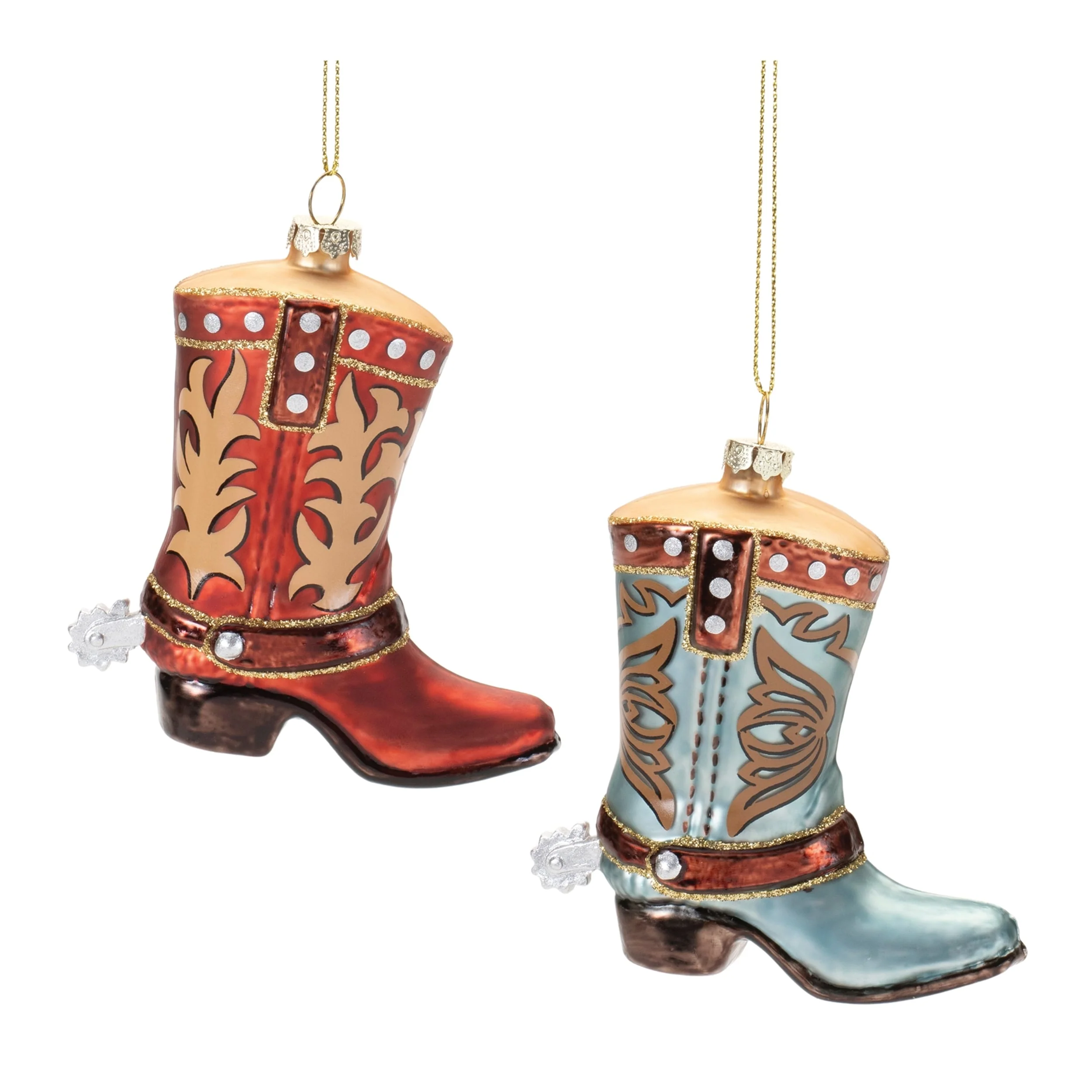 Set of 6 Red and Blue Cowboy Boot Glass Ornaments Rustic Western Style for Holiday Tree Decor - 3.5”L x 1.5”W x 4.25”H