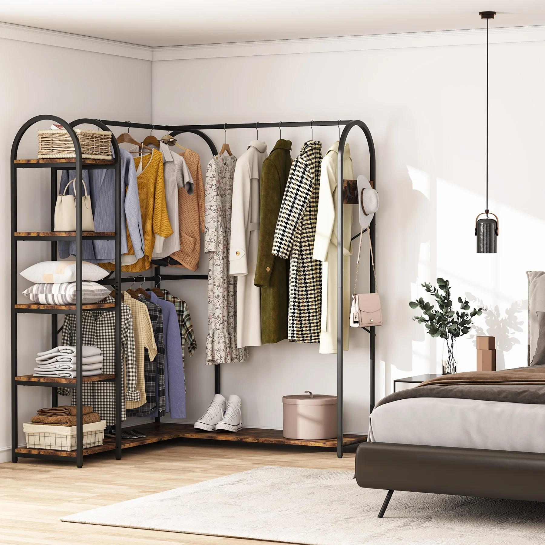 Heavy Duty L Shape Clothes Rack,Freestanding Corner Closet Organizer,Large Garment Rack with Storage Shelves and Hanging Rods