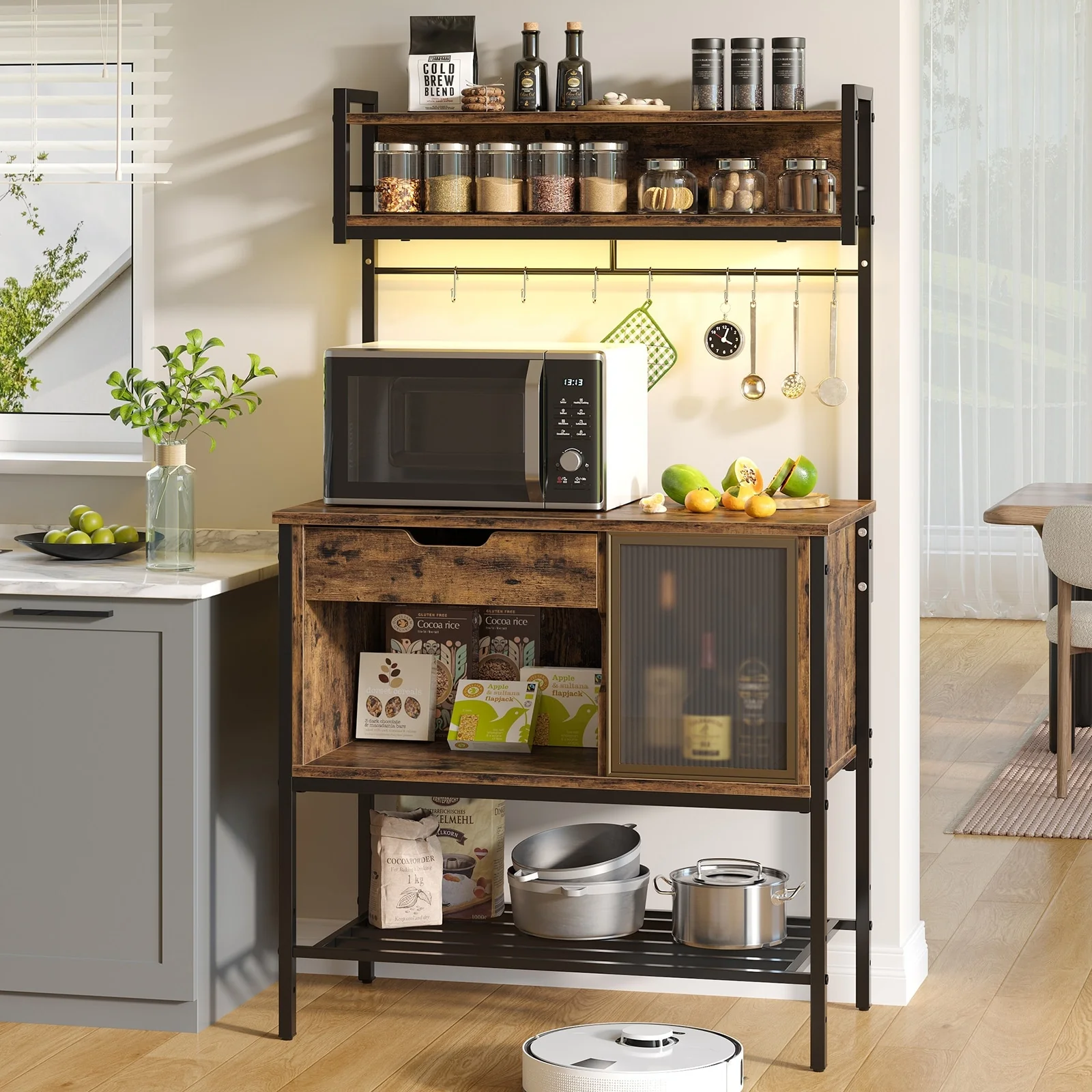59 Inch LED Bakers rack, Kitchen Baker's Rack With hooks and Adjustable Shelf - 59″H×33.8″W
