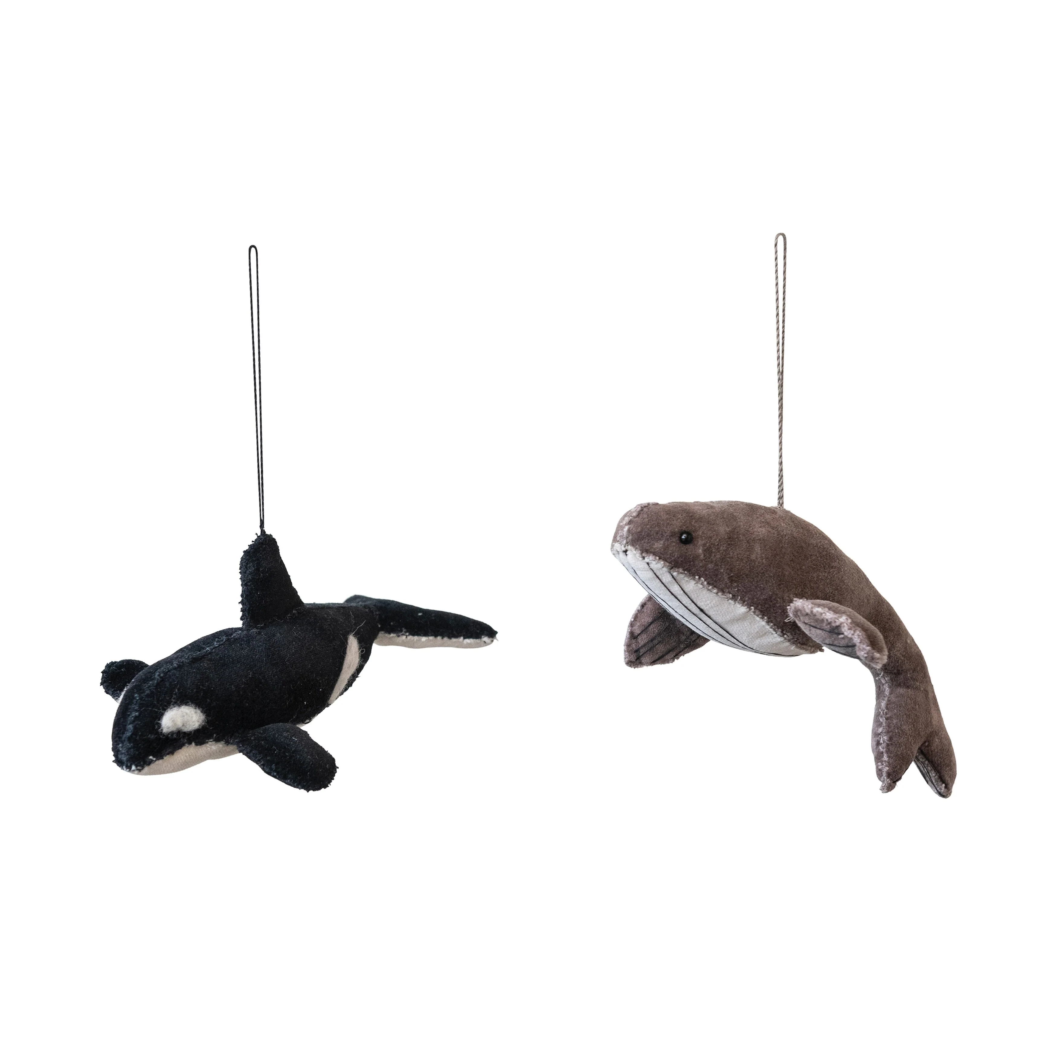 Handmade Cotton Velvet Whale Ornament, Set of 2
