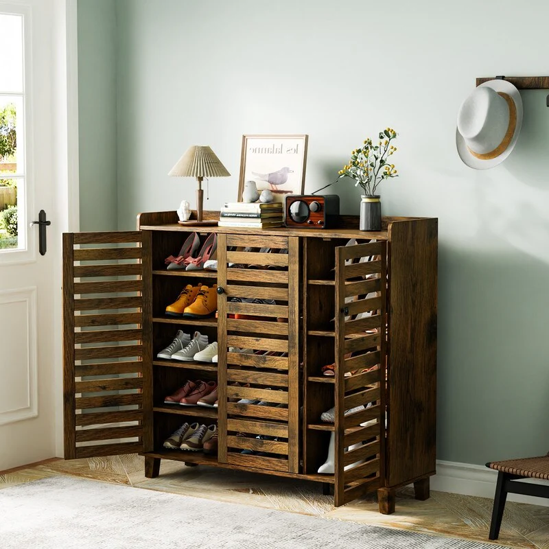 Hidden Shoe Cabinet with 3 Doors, 5 Tier Shoe Organizer Rustic Brown