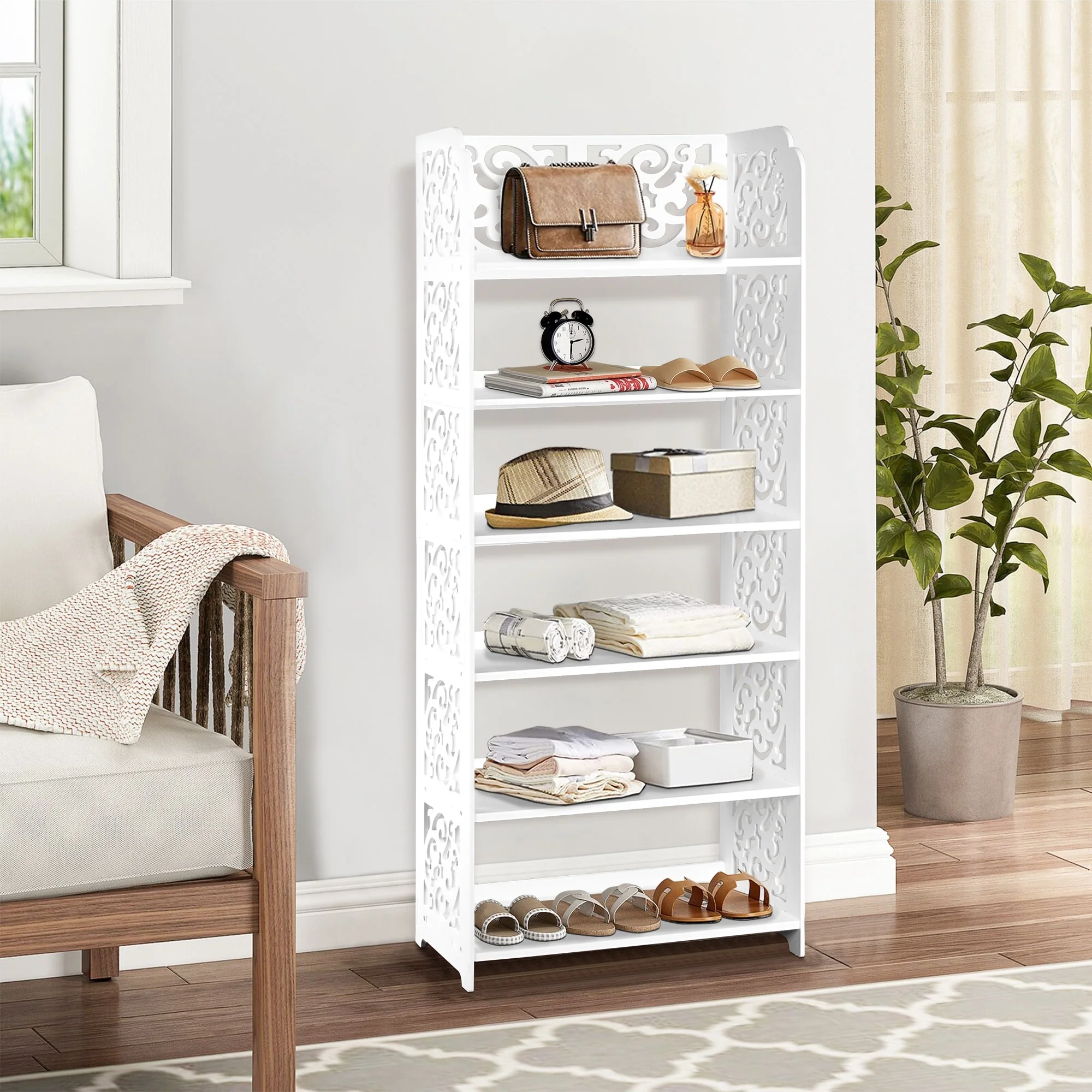 HELLO LAURA Versatile 6-Tier Wood-Plastic Shoe Rack Shoes Tower 18 Of Pairs Of Shoe White Finish