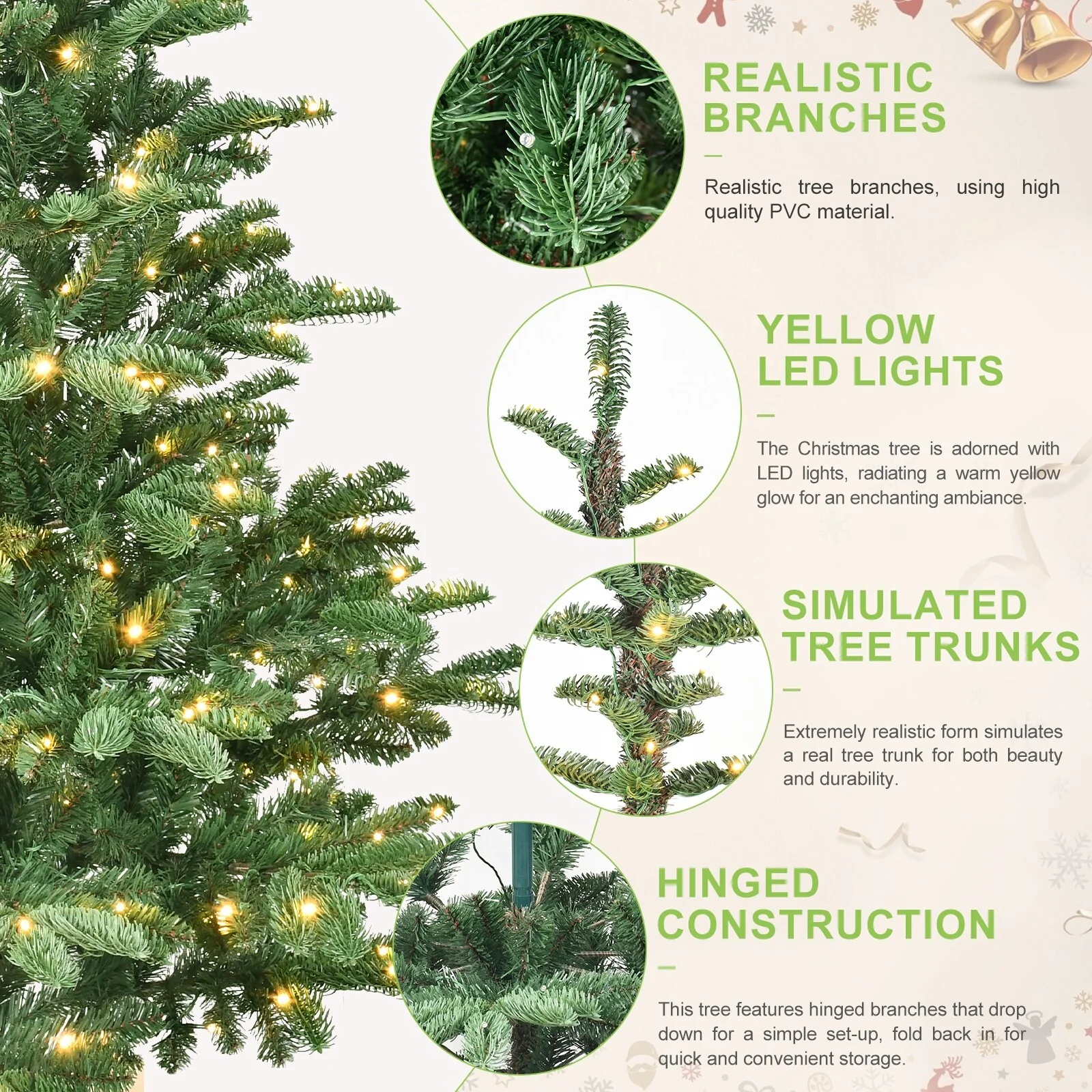 5ft Pre-Lit Christmas Tree with 200 Warm White LED Lights, 403 PE+PVC Tips,Realistic Layered Look,Unique Wooden Base