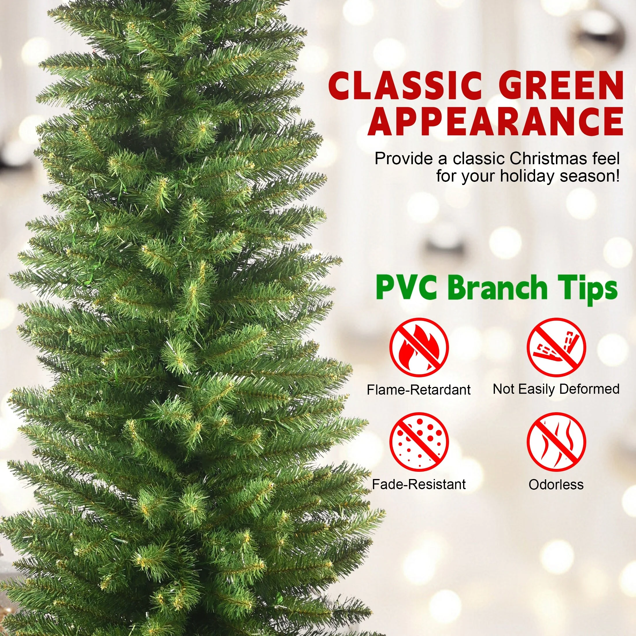 6FT Green Pencil Christmas Tree-Slim PVC Tree with 358 Tips,Space-Saving Design, Stable Metal Stand