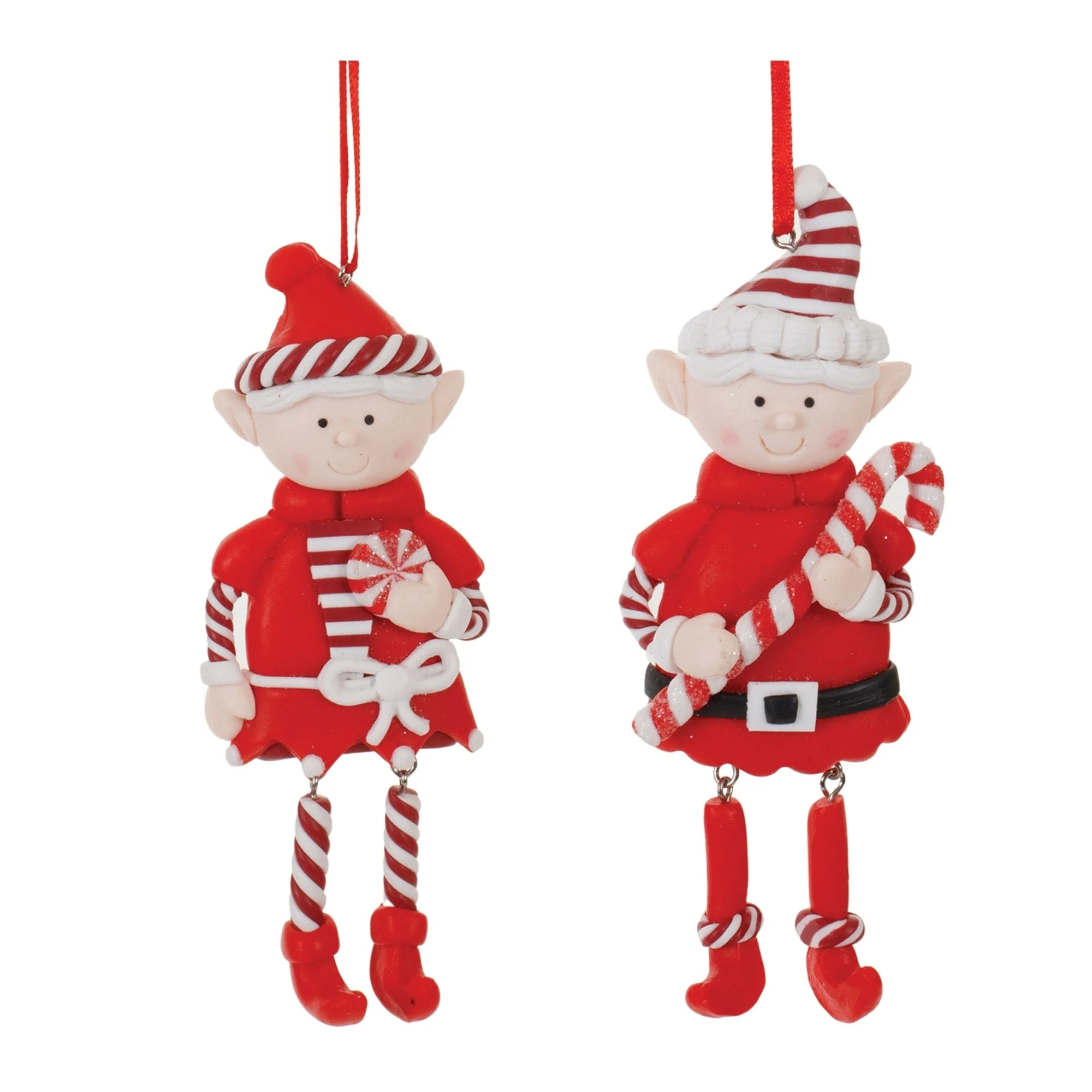 Set of 12 Clay Elf Ornaments for Holiday Tree Decor with Red Ribbon - 2