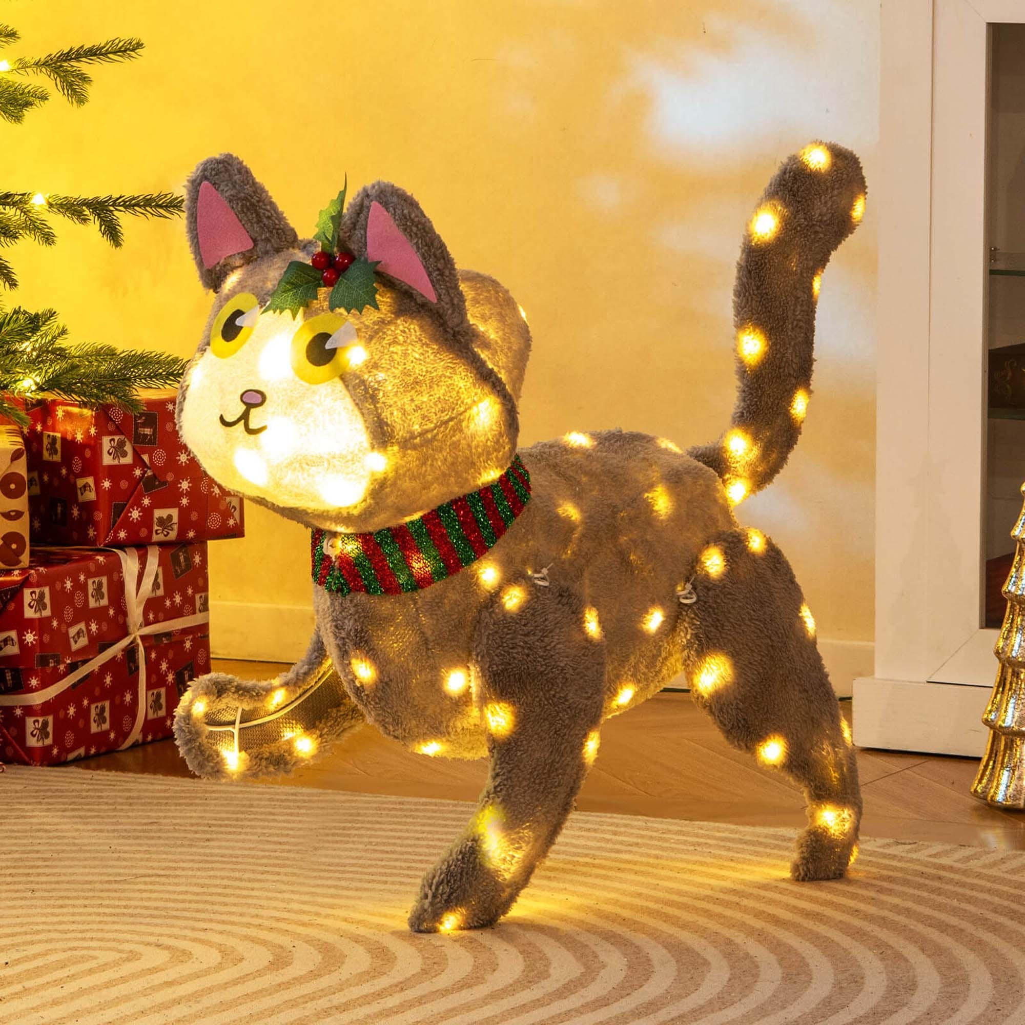Costway Lighted Christmas Cat with 88 LED Lights 4 Ground Stakes Cable - as pic shows - See Details