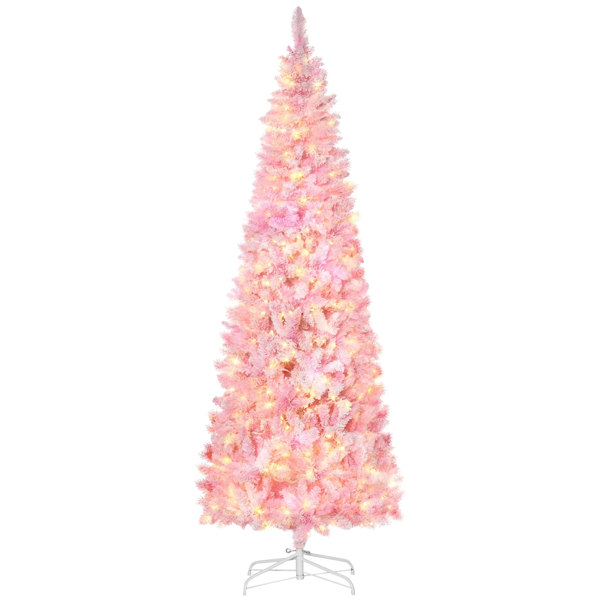 Prelit 7.5ft Snow Flocked Christmas Tree with Realistic Pine Branches and Auto Open Design, Pink and White