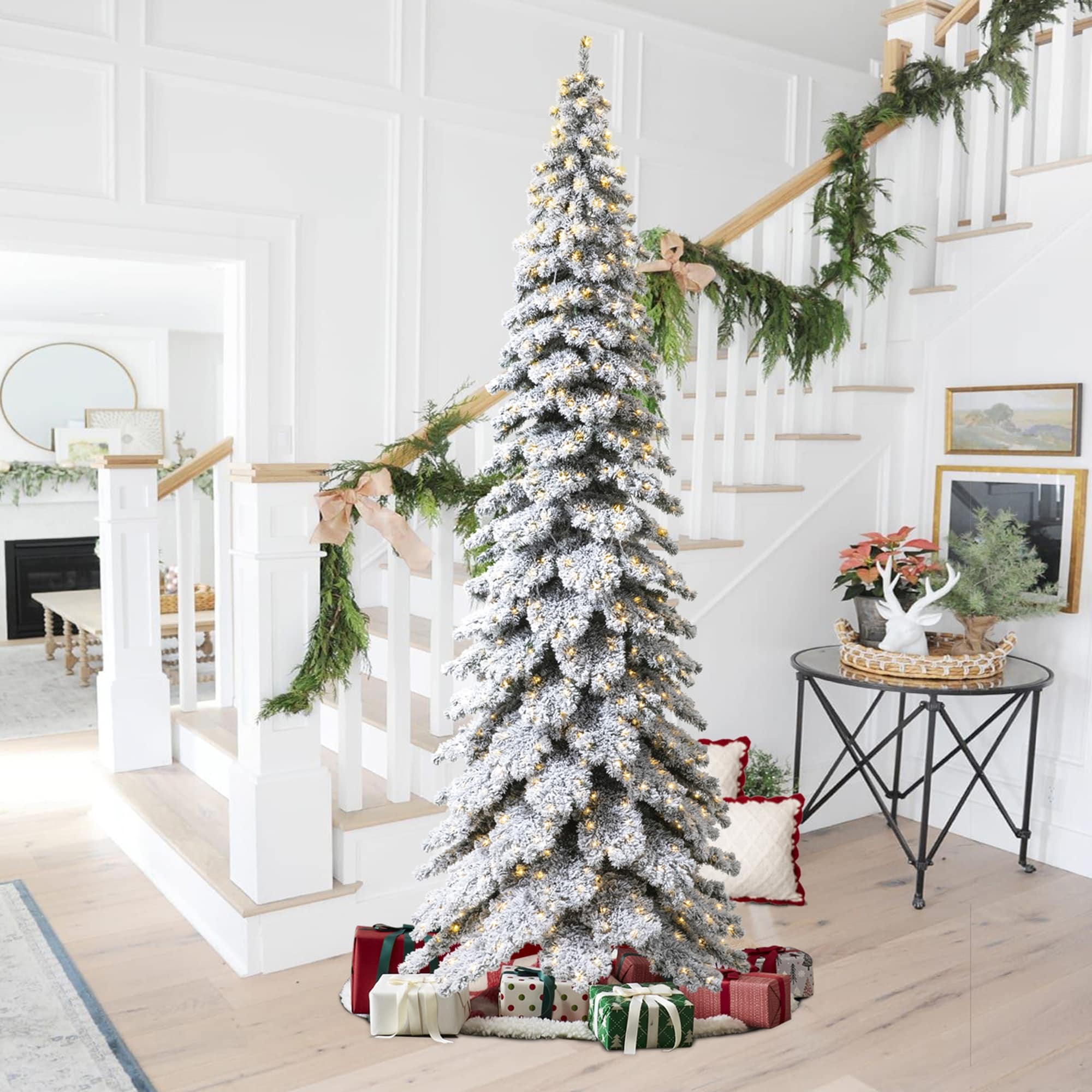 Glitzhome 7.5ft/9ft/12ft Pre-Lit Flocked Layered Spruce Artificial Christmas Trees