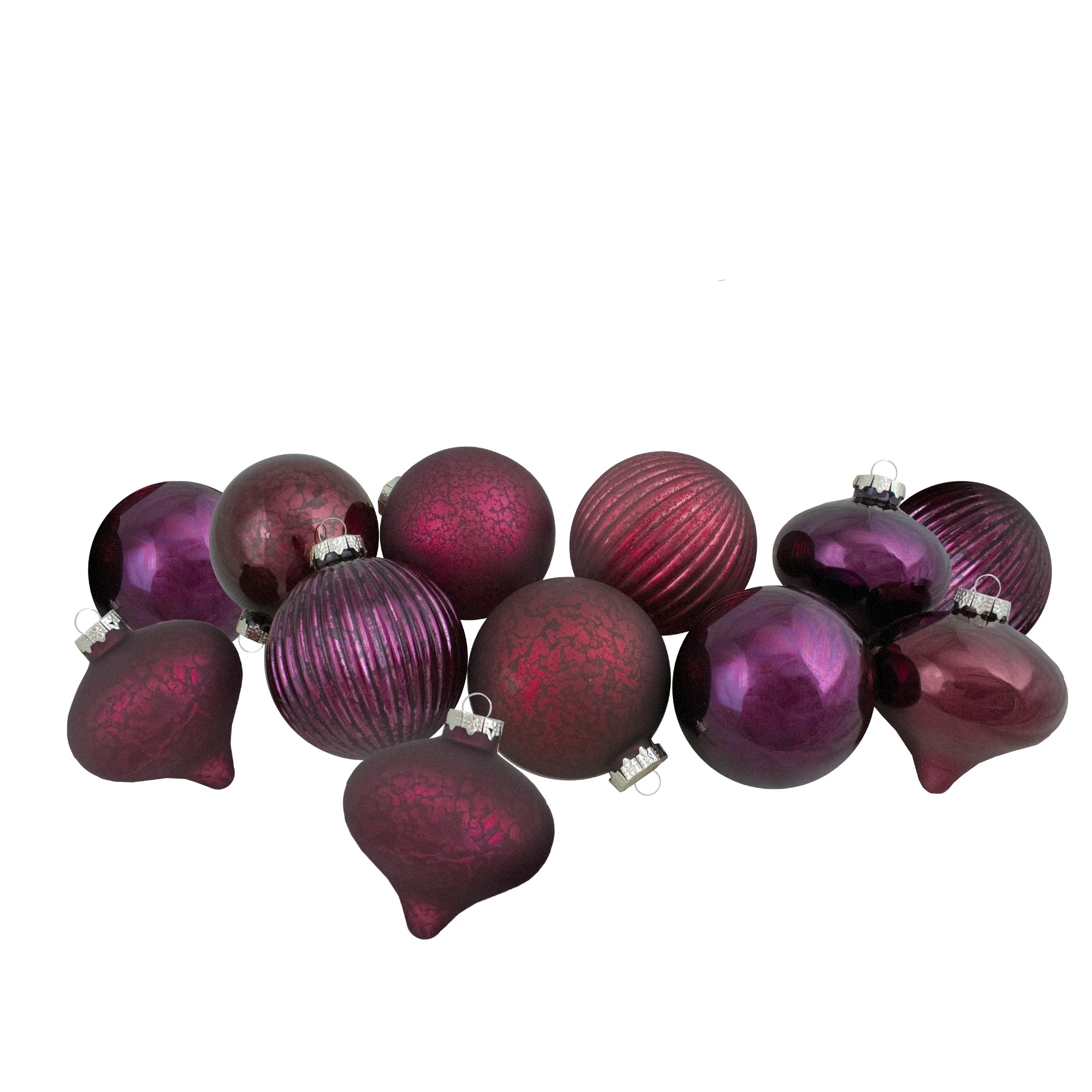 Finial and Glass Ball Christmas Ornaments - Burgundy and Purple - Set of 9