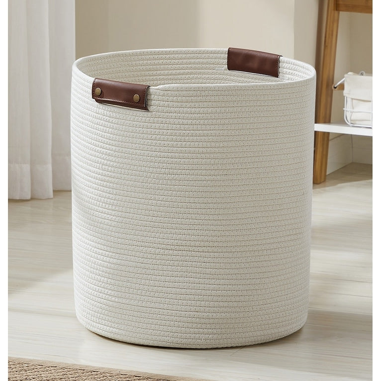 Large Cotton Rope Storage Basket Laundry Hamper Woven Basket with Leather Handles -16 x 18 - 16