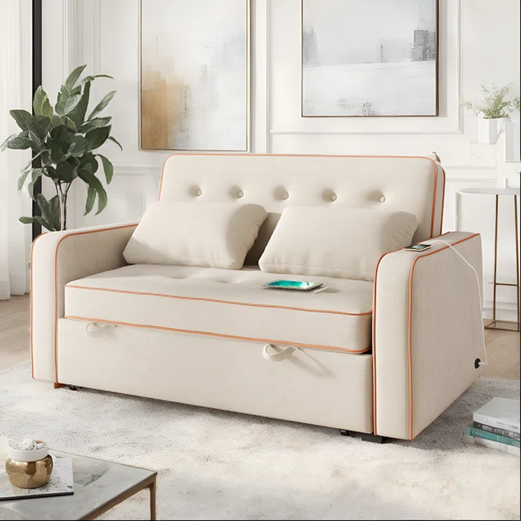 Ikal Velvet Upholstered Sleeper Sofa Bed with USB Port Pull Out Sofa Bed