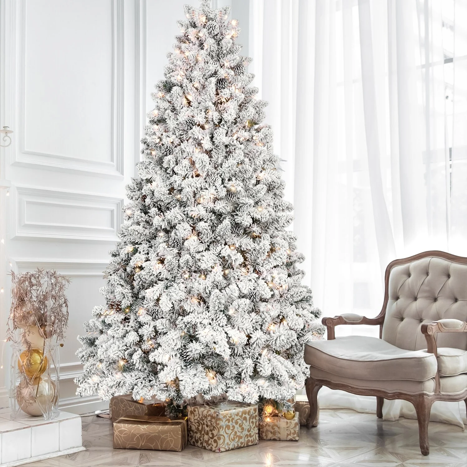 Snow-Flocked 7.5ft Xmas Tree with Pine Cones, Hinged, and Reinforced Metal Base for Indoor and Outdoor Festive Decorations
